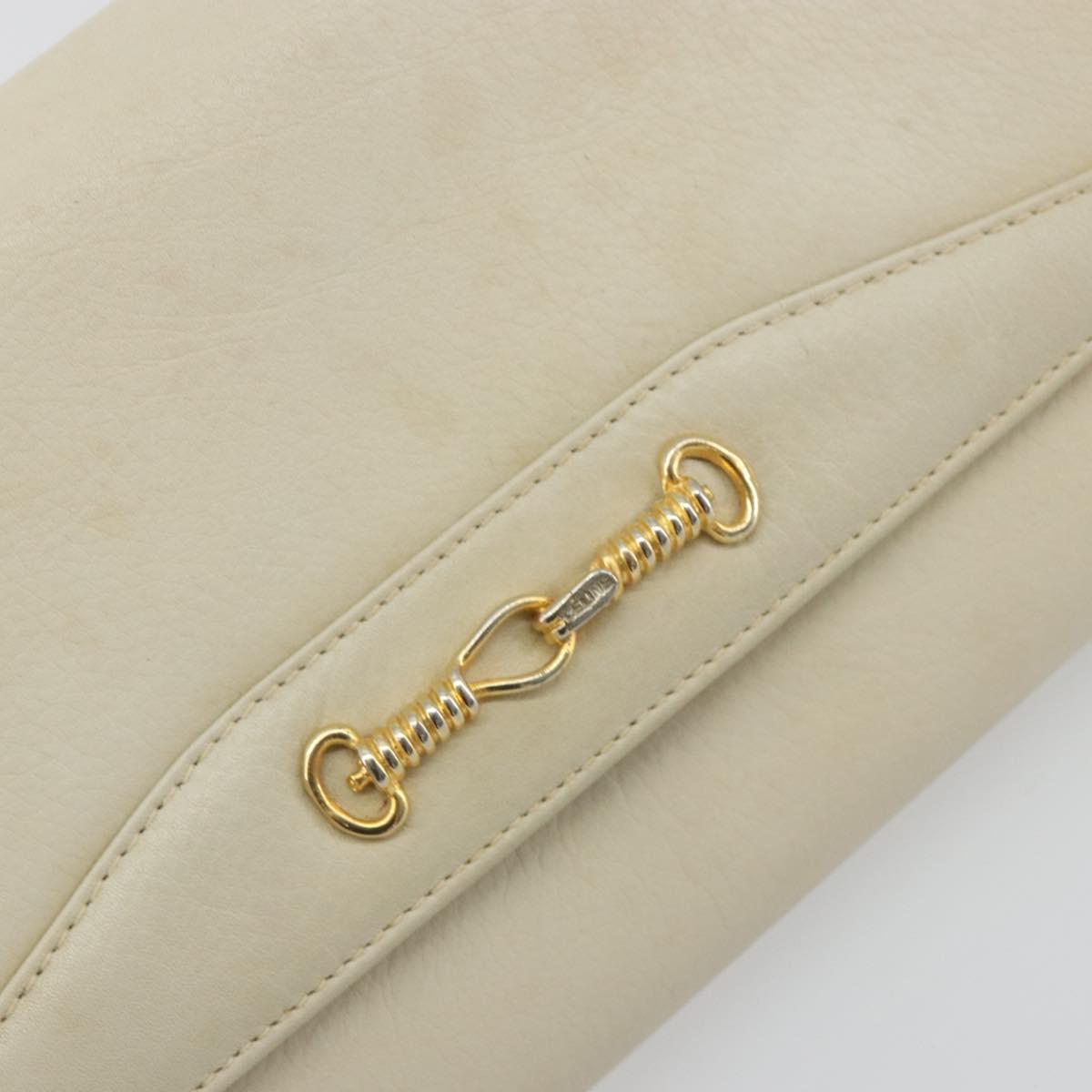 CELINE Chain Shoulder Bag Leather White Gold Auth bs36725