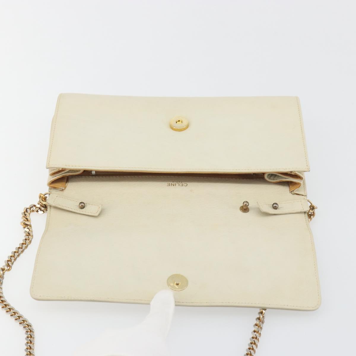 CELINE Chain Shoulder Bag Leather White Gold Auth bs36725