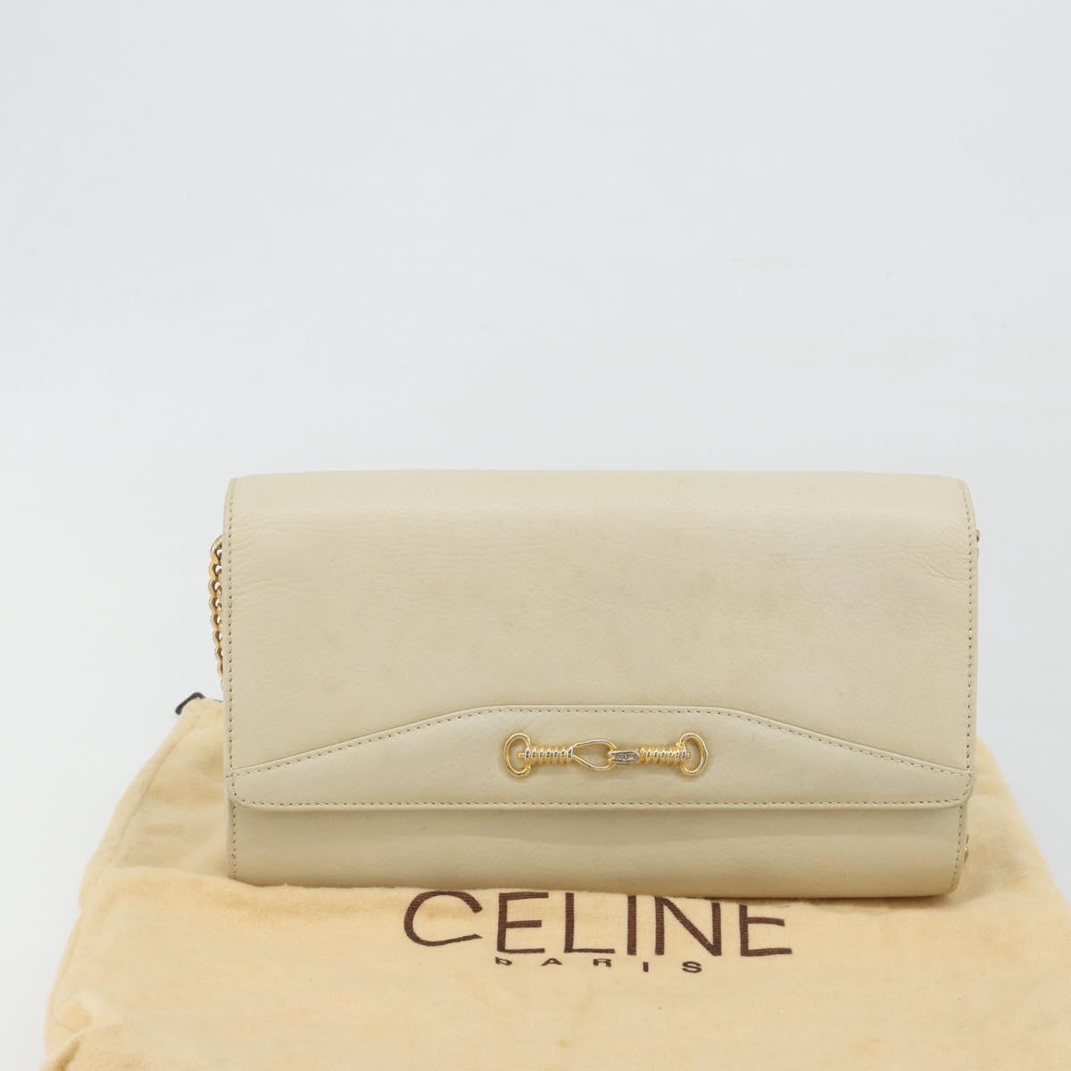 CELINE Chain Shoulder Bag Leather White Gold Auth bs36725