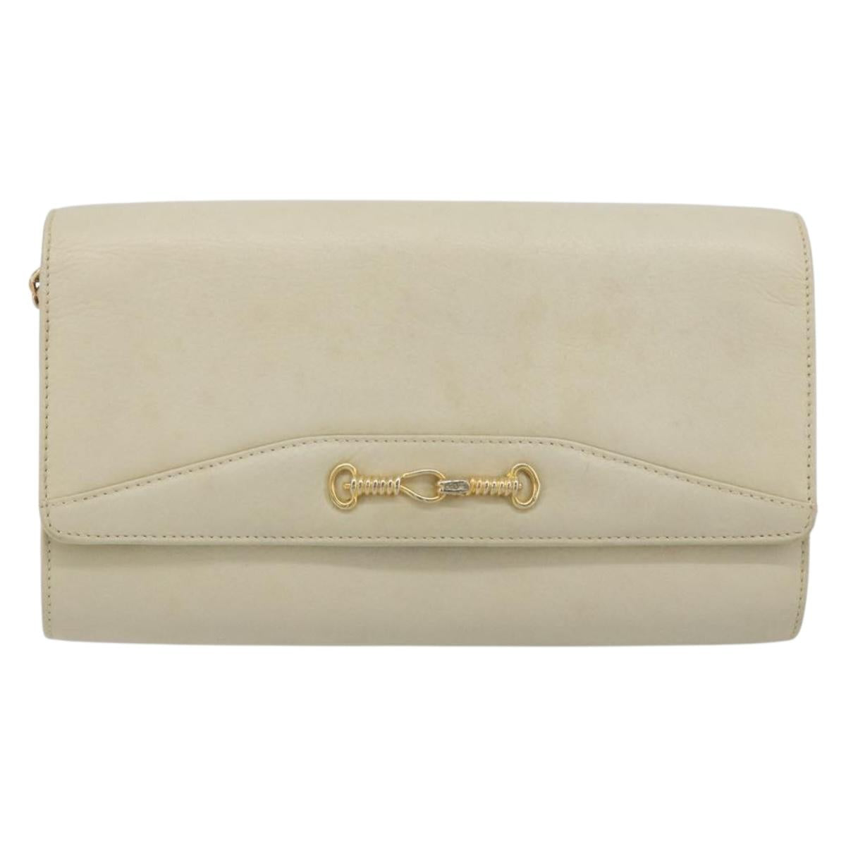 CELINE Chain Shoulder Bag Leather White Gold Auth bs36725