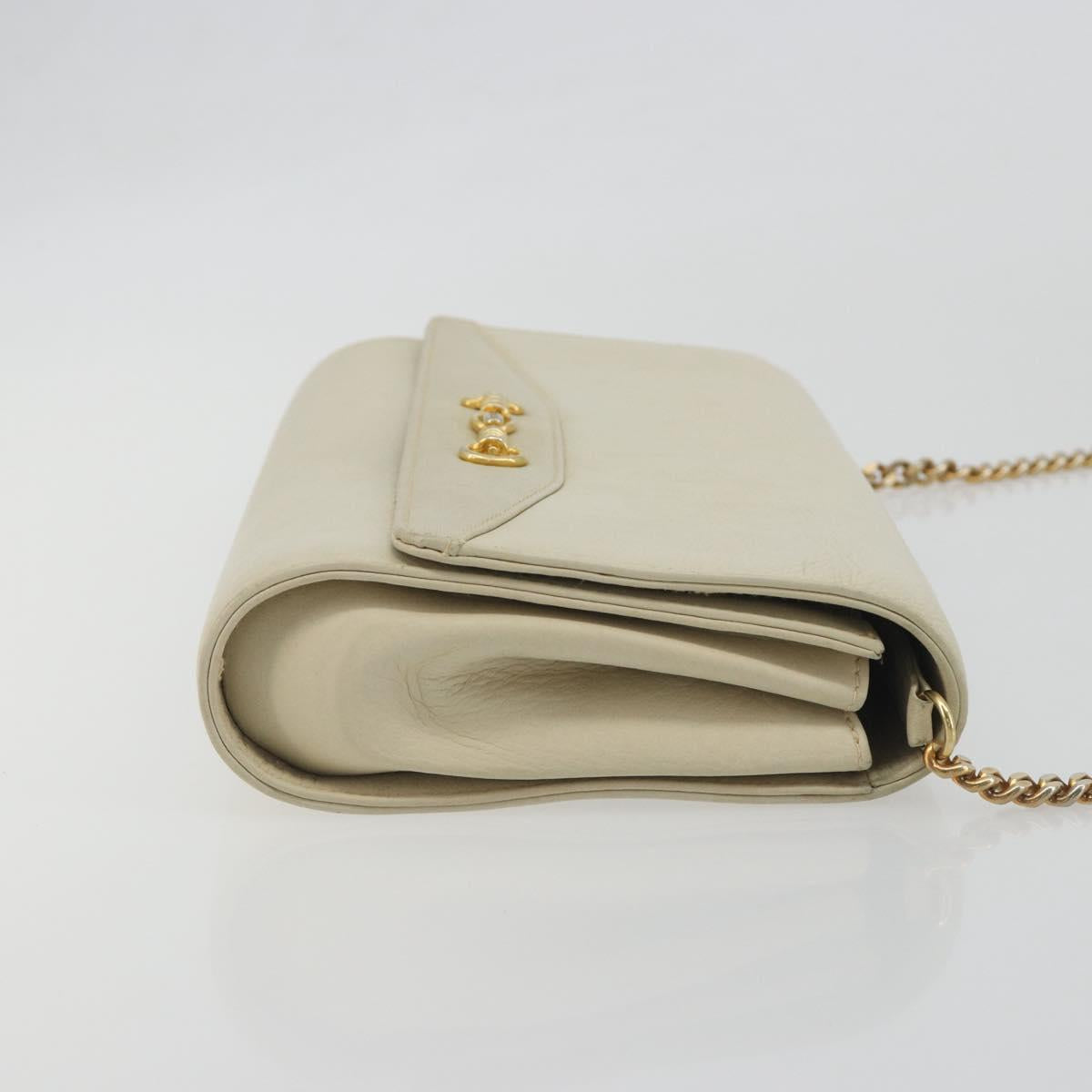 CELINE Chain Shoulder Bag Leather White Gold Auth bs36725