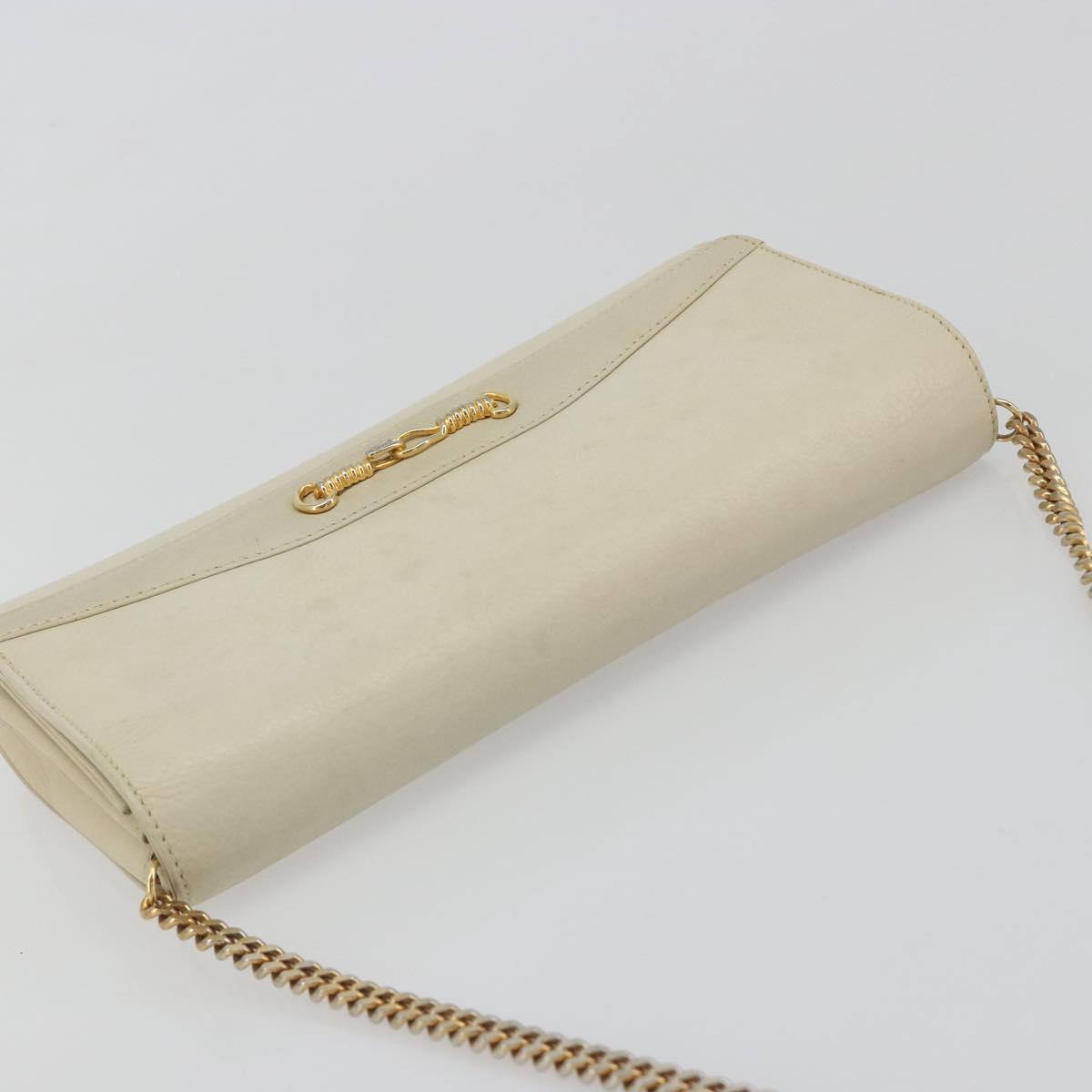 CELINE Chain Shoulder Bag Leather White Gold Auth bs36725