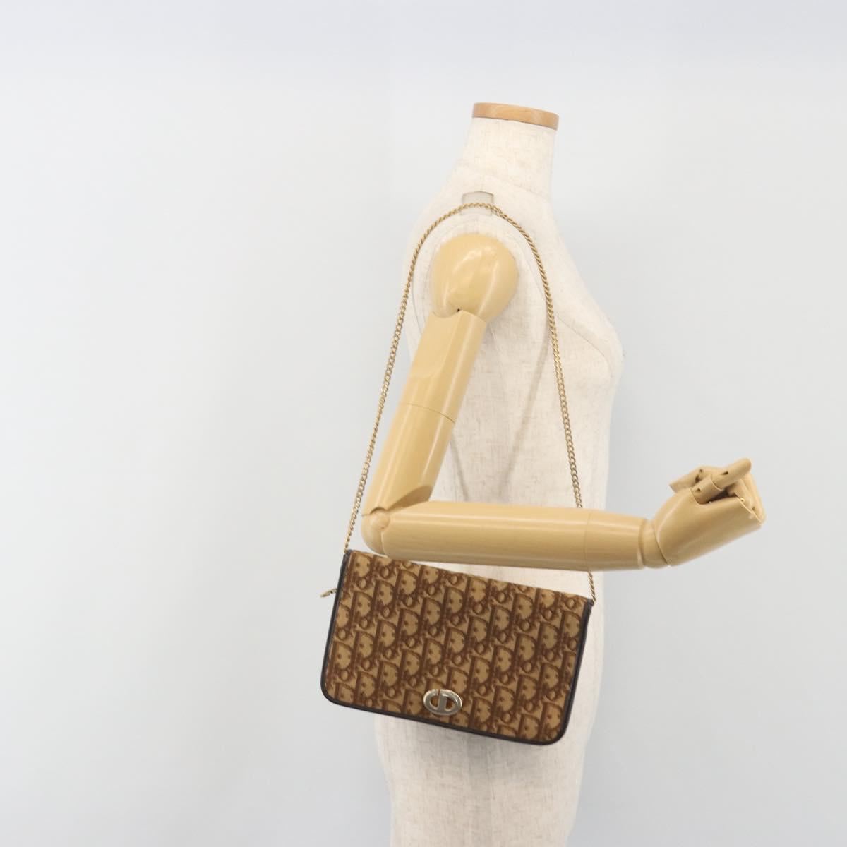Christian Dior Trotter Canvas Chain Shoulder Bag Beige Gold Auth bs36726