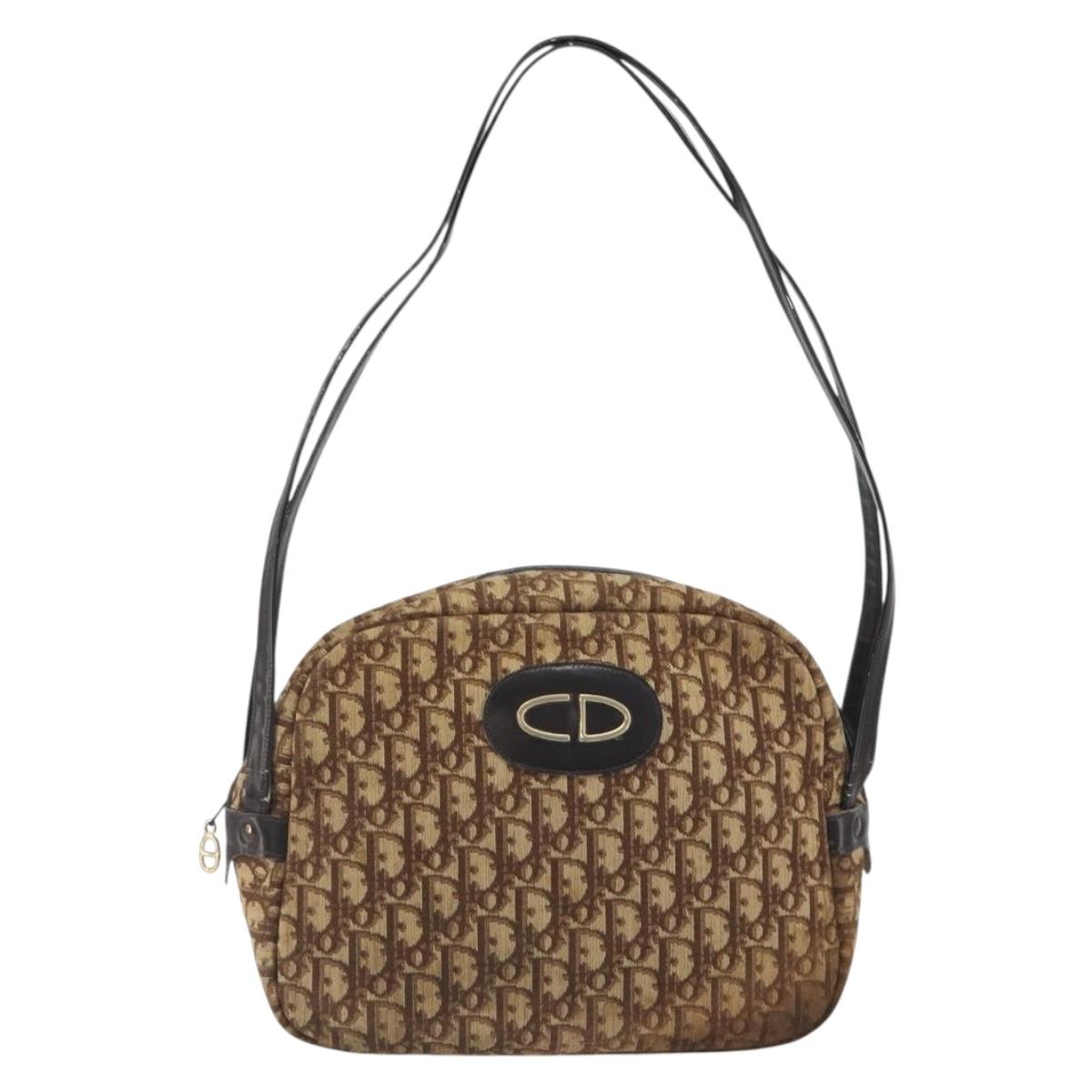 Christian Dior Trotter Canvas Shoulder Bag Brown Gold Auth bs36727
