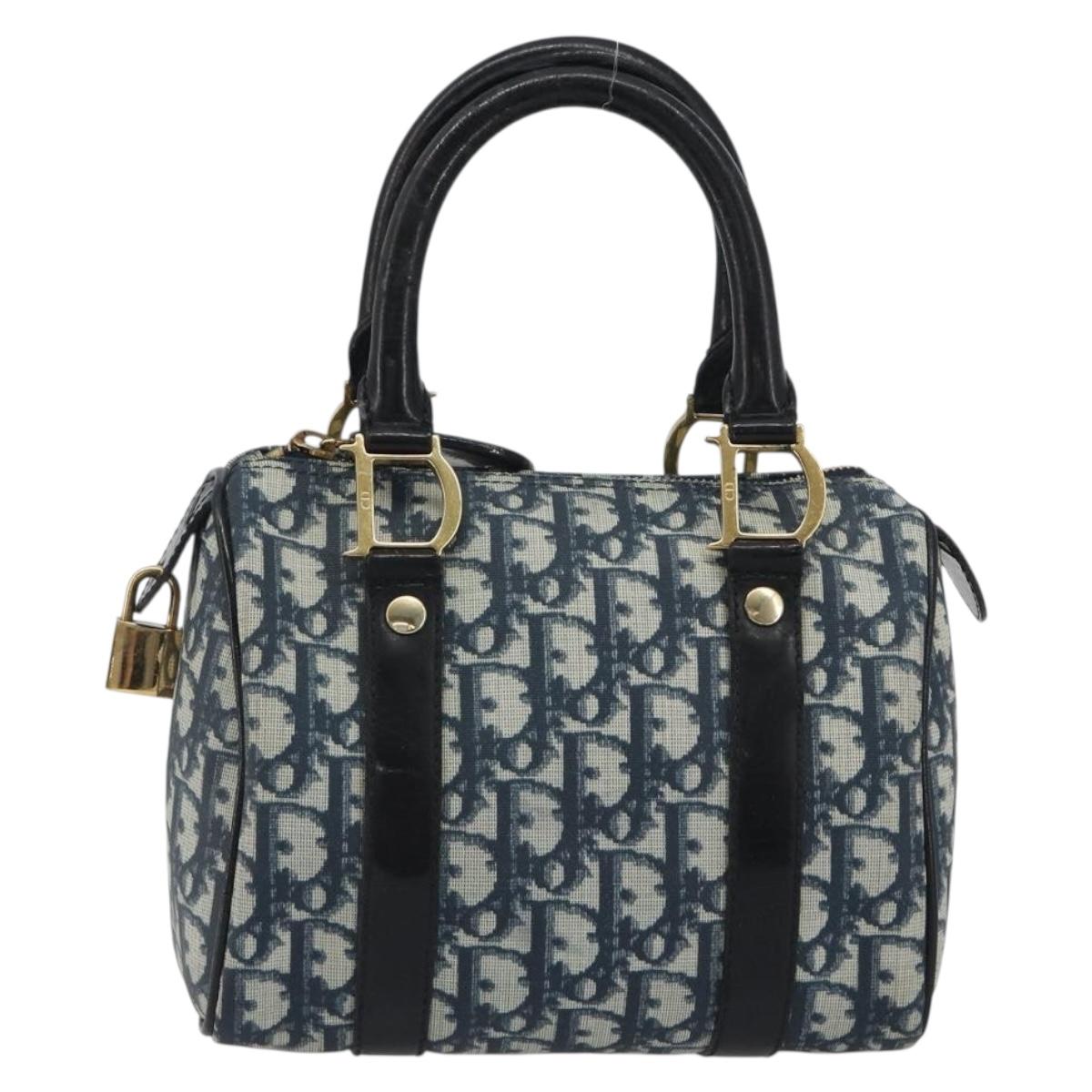 Christian Dior Trotter Canvas Hand Bag PVC Navy Gold Auth bs36749