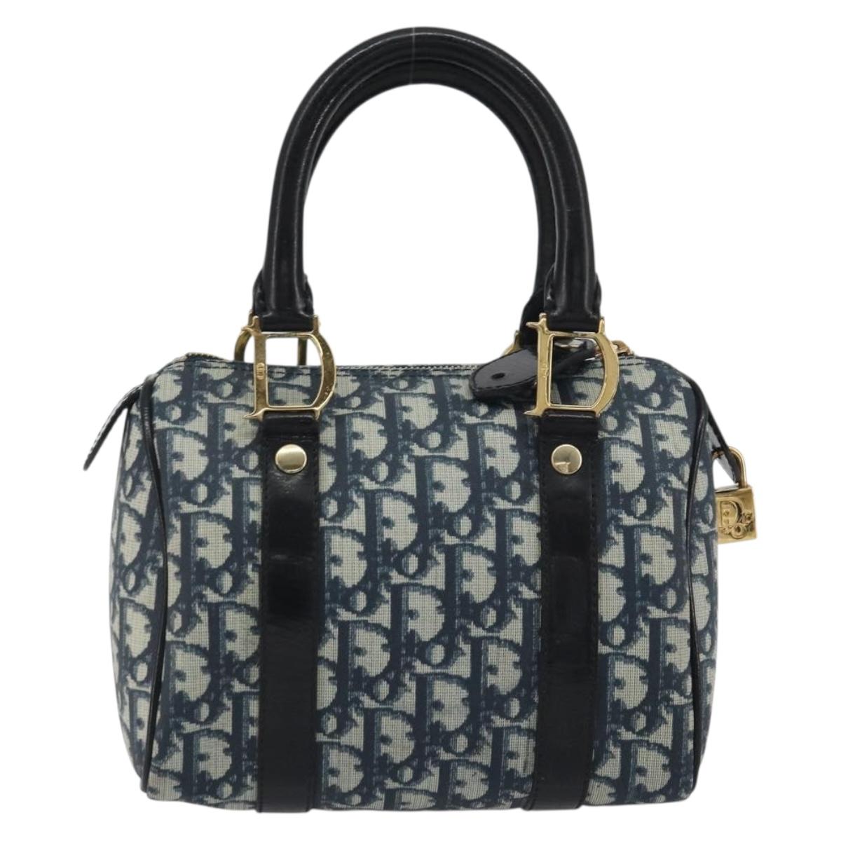 Christian Dior Trotter Canvas Hand Bag PVC Navy Gold Auth bs36749