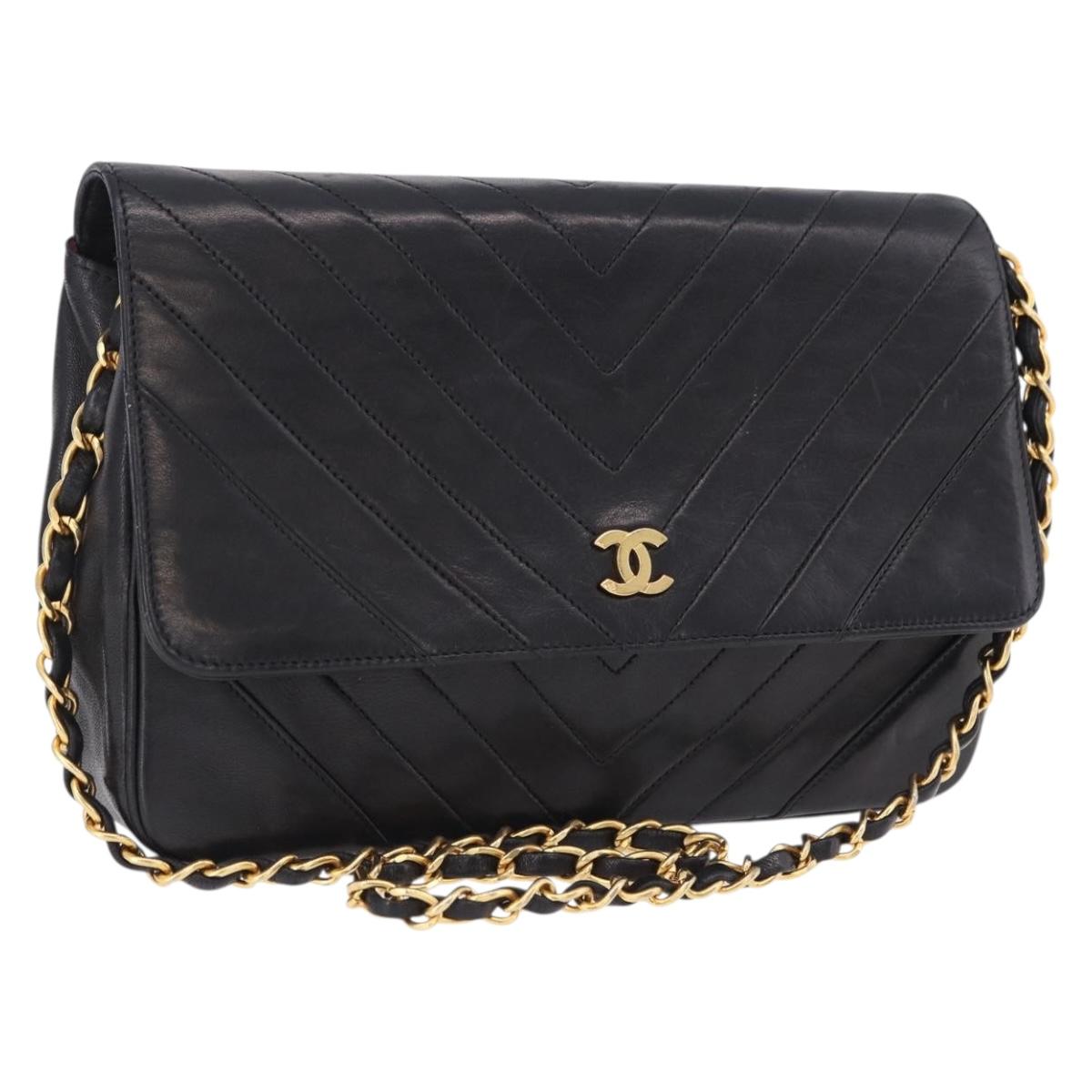 CHANEL V stitch Chain Shoulder Bag Lamb Skin Black Gold CC Auth bs36750