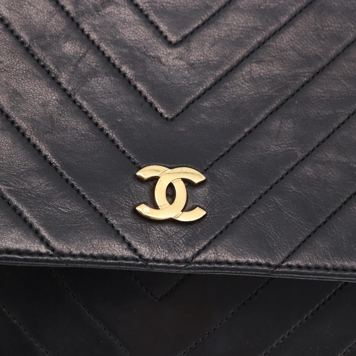 CHANEL V stitch Chain Shoulder Bag Lamb Skin Black Gold CC Auth bs36750