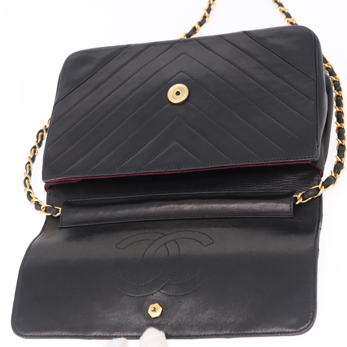 CHANEL V stitch Chain Shoulder Bag Lamb Skin Black Gold CC Auth bs36750