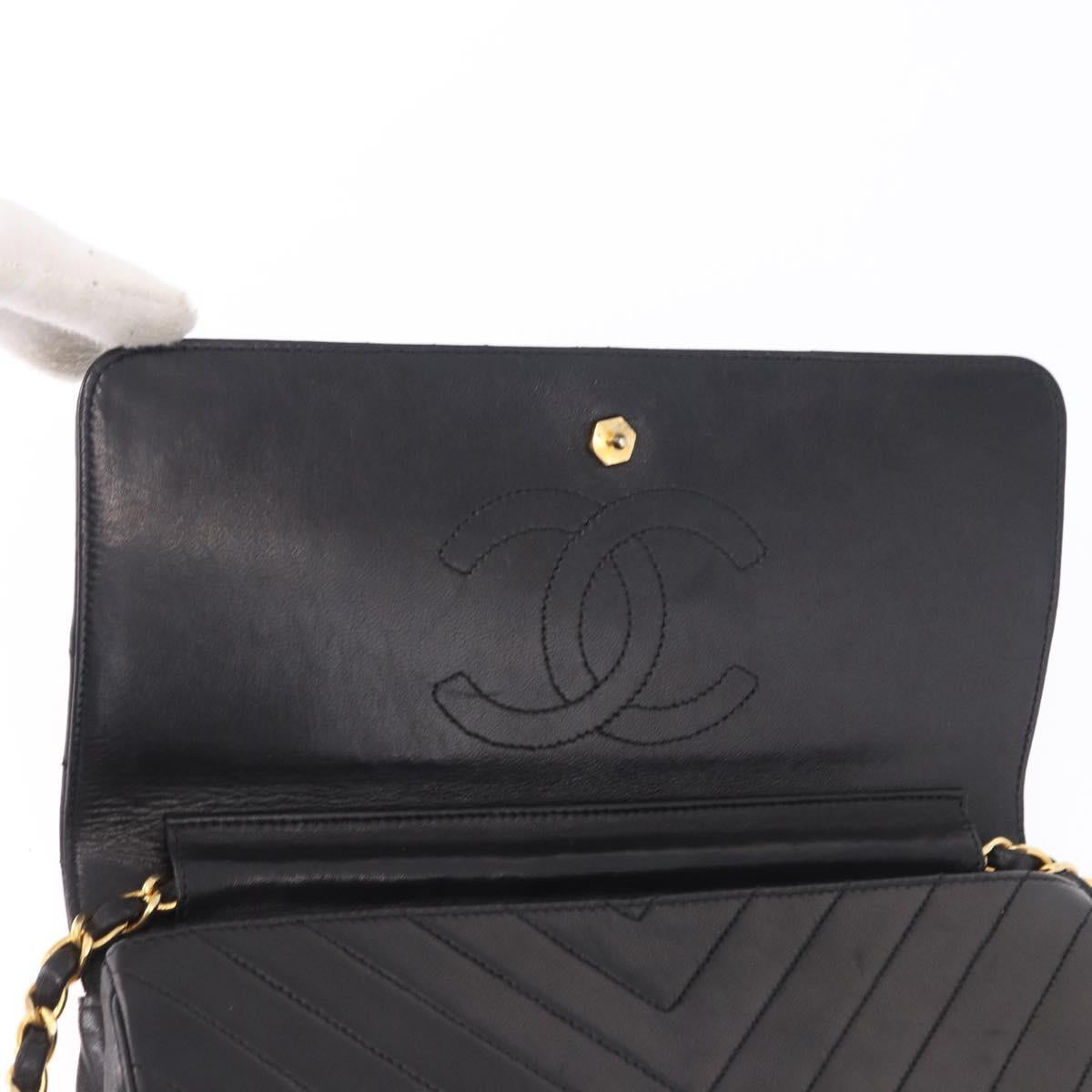 CHANEL V stitch Chain Shoulder Bag Lamb Skin Black Gold CC Auth bs36750