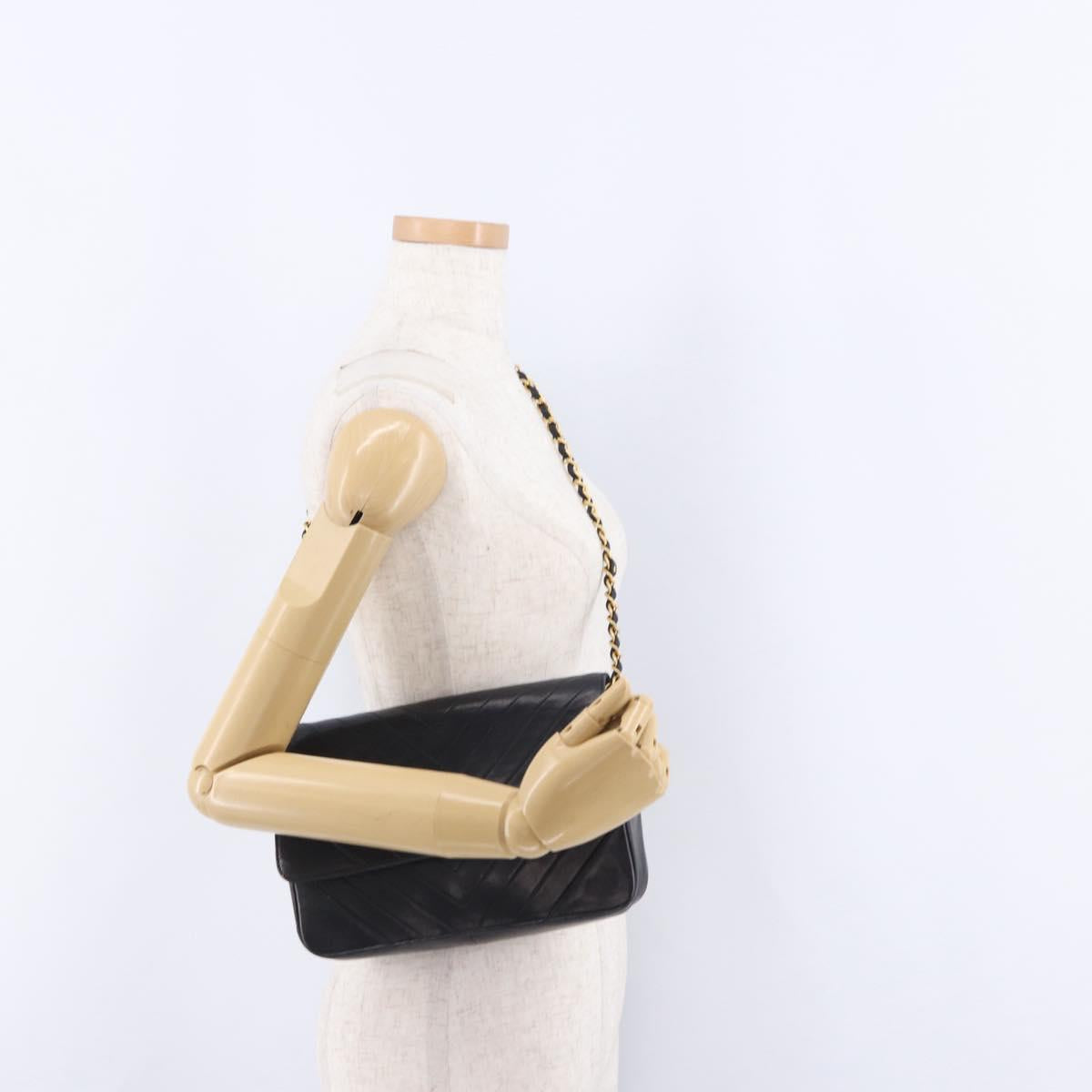 CHANEL V stitch Chain Shoulder Bag Lamb Skin Black Gold CC Auth bs36750