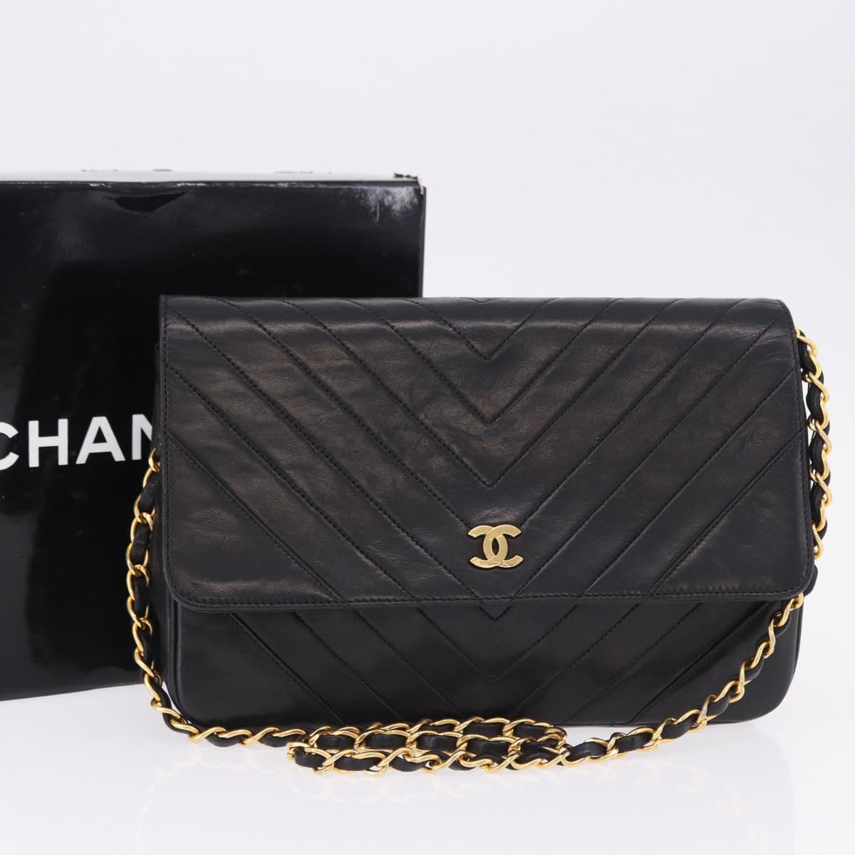 CHANEL V stitch Chain Shoulder Bag Lamb Skin Black Gold CC Auth bs36750
