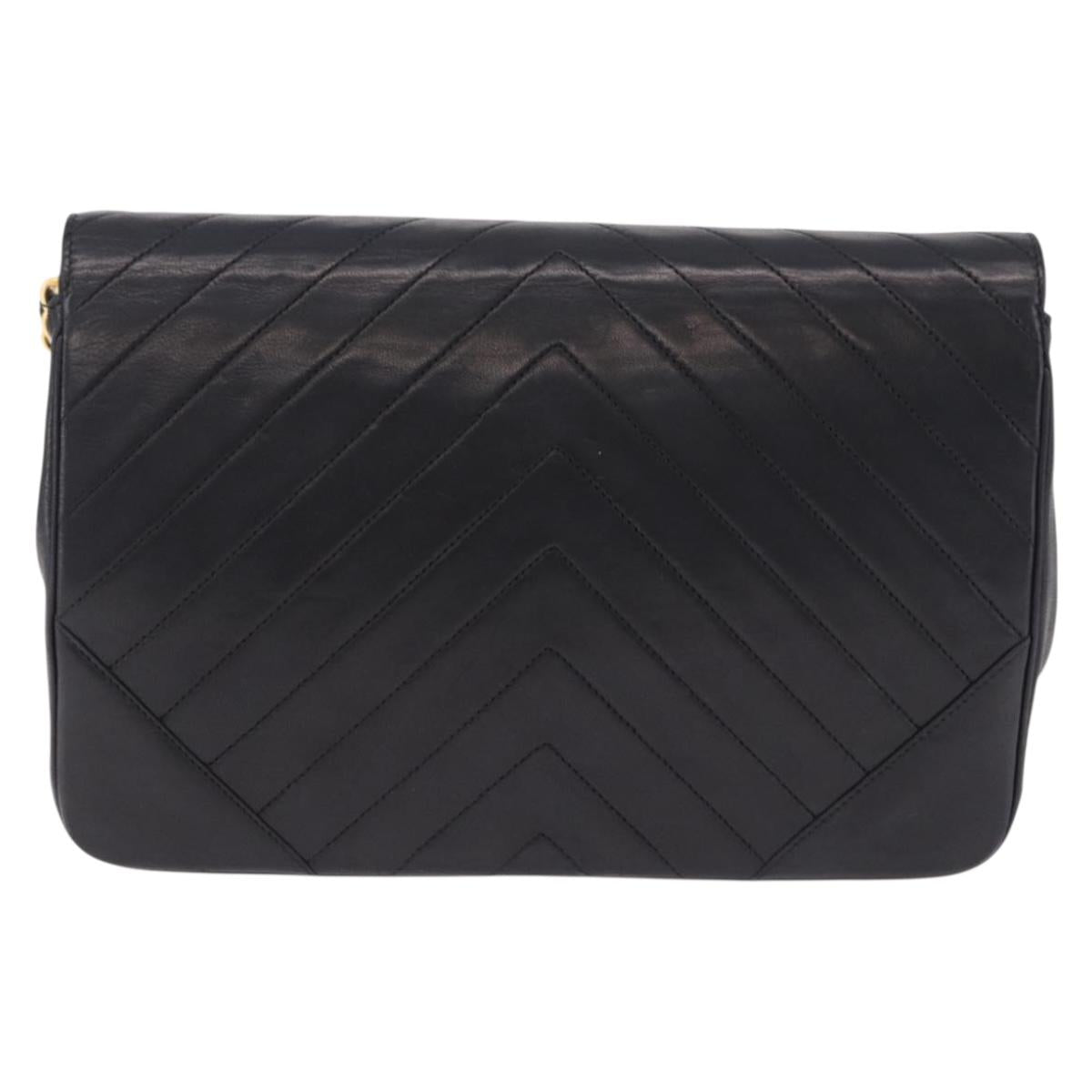 CHANEL V stitch Chain Shoulder Bag Lamb Skin Black Gold CC Auth bs36750