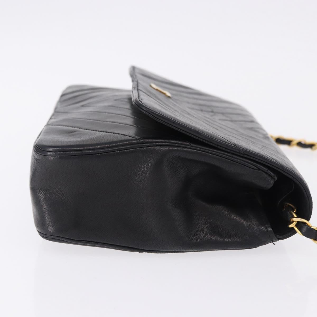 CHANEL V stitch Chain Shoulder Bag Lamb Skin Black Gold CC Auth bs36750