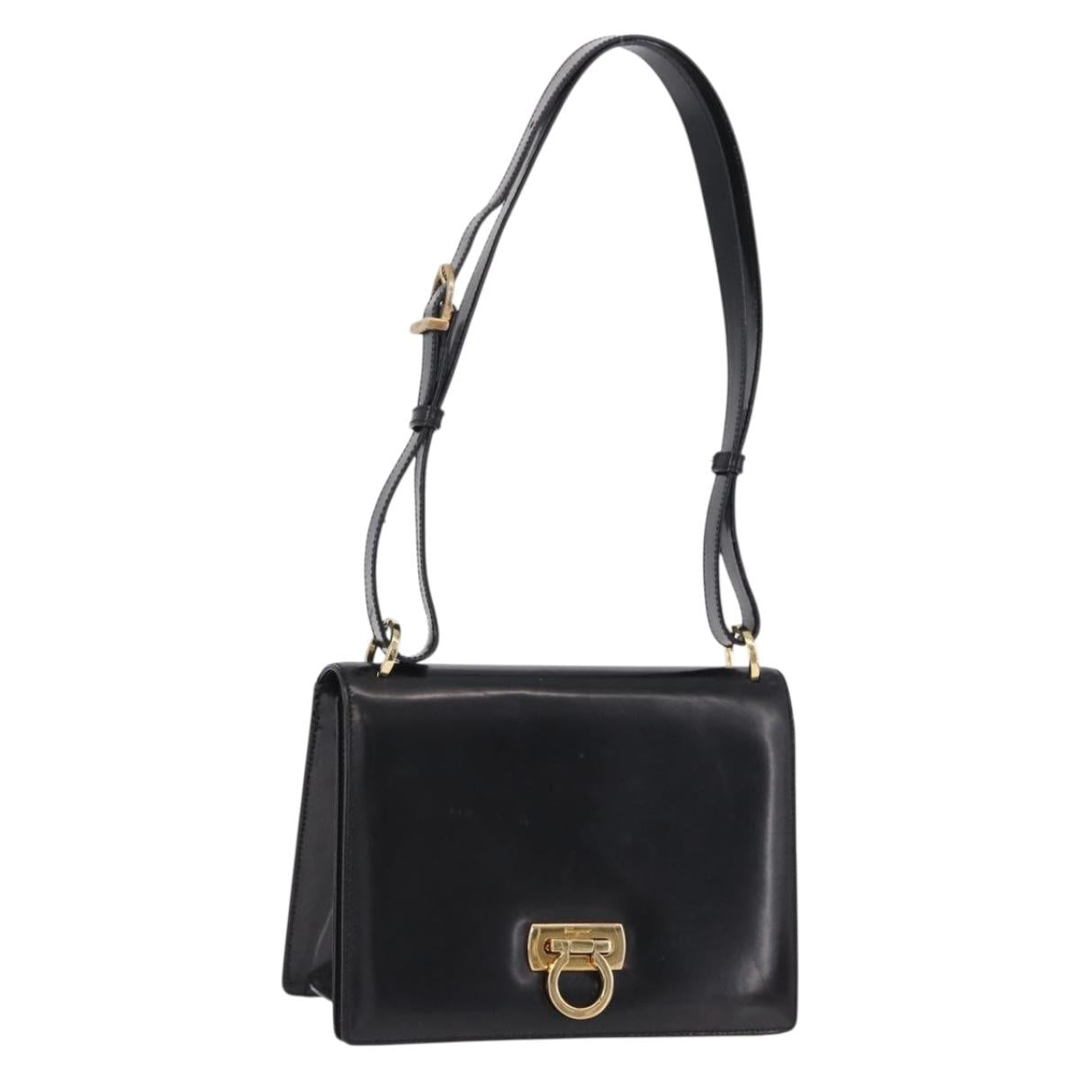 Salvatore Ferragamo Gancini Shoulder Bag Leather Black Gold Auth bs36752
