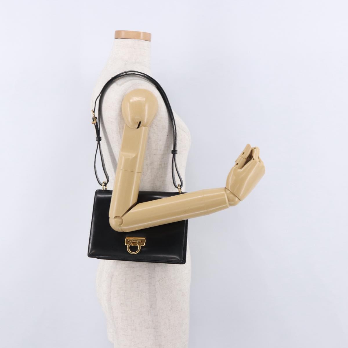 Salvatore Ferragamo Gancini Shoulder Bag Leather Black Gold Auth bs36752