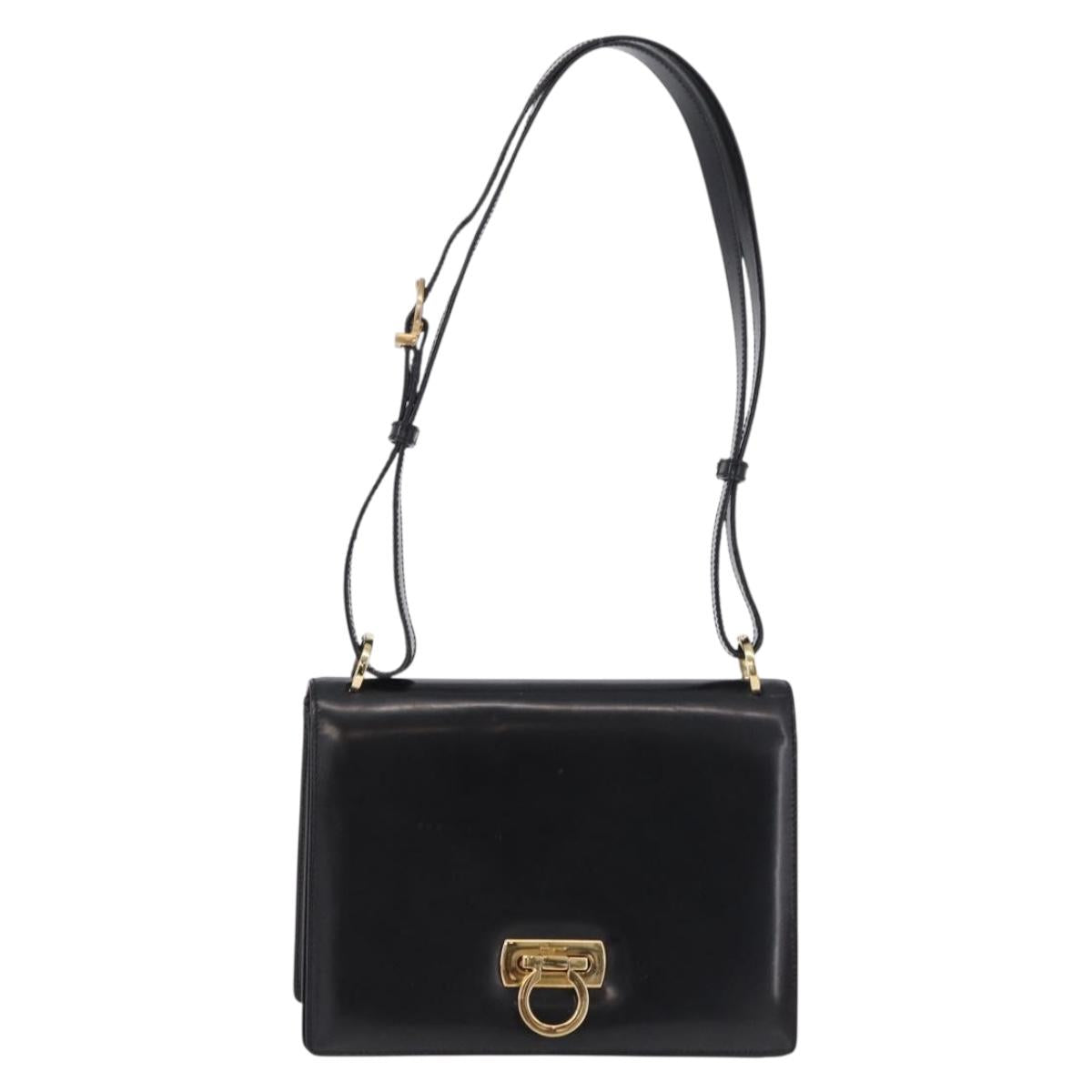 Salvatore Ferragamo Gancini Shoulder Bag Leather Black Gold Auth bs36752