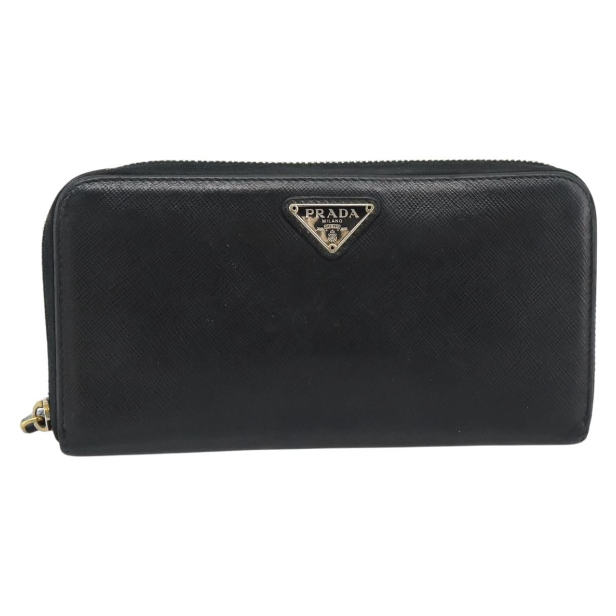 PRADA Long Wallet Leather Black Gold Auth bs36759