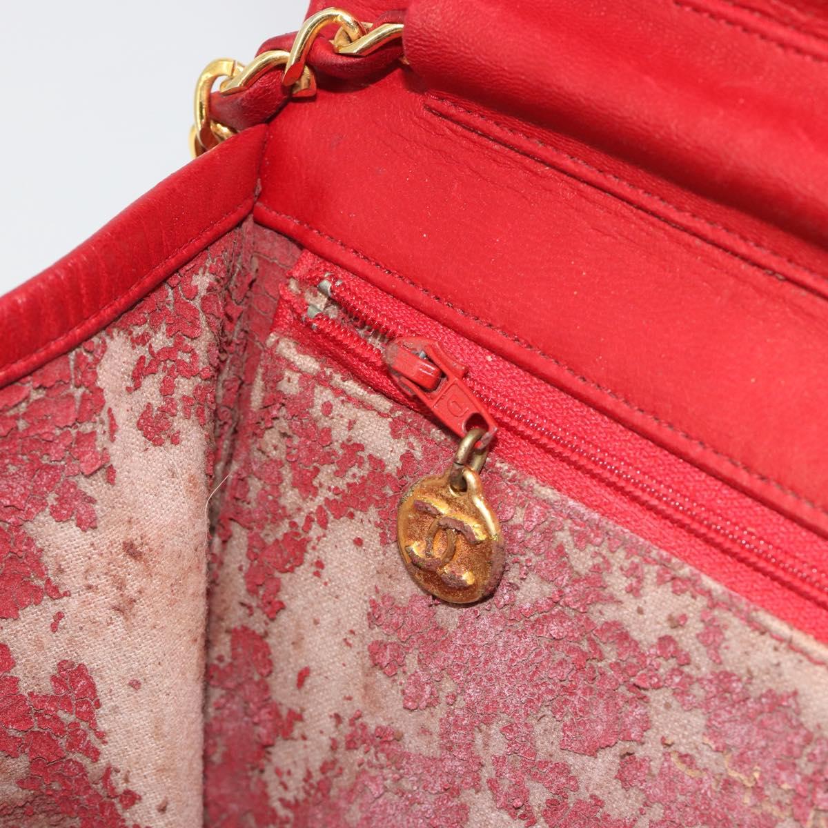 CHANEL Matelasse Chain Shoulder Bag Lamb Skin Red Gold CC Auth bs36761