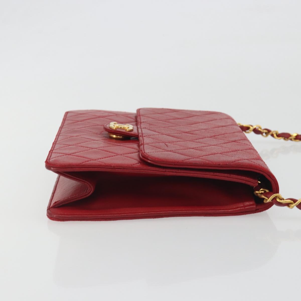 CHANEL Matelasse Chain Shoulder Bag Lamb Skin Red Gold CC Auth bs36761