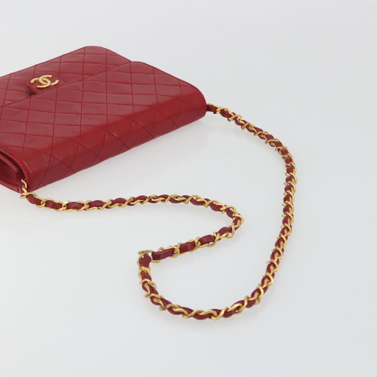 CHANEL Matelasse Chain Shoulder Bag Lamb Skin Red Gold CC Auth bs36761