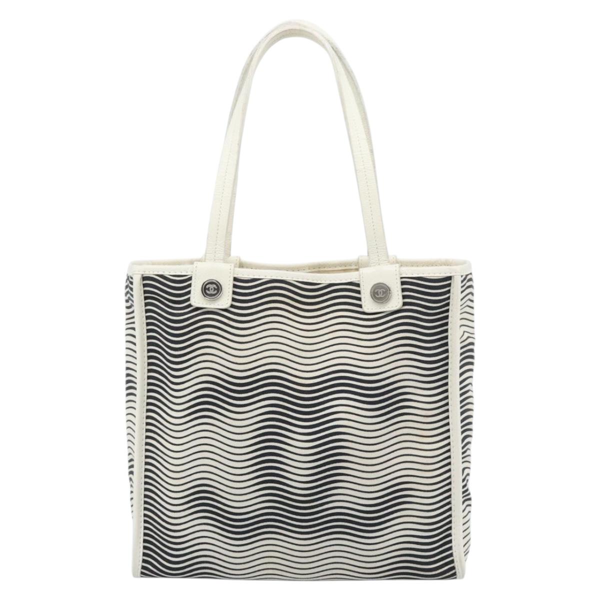 CHANEL Tote Bag Canvas Black White Silver CC Auth bs36766