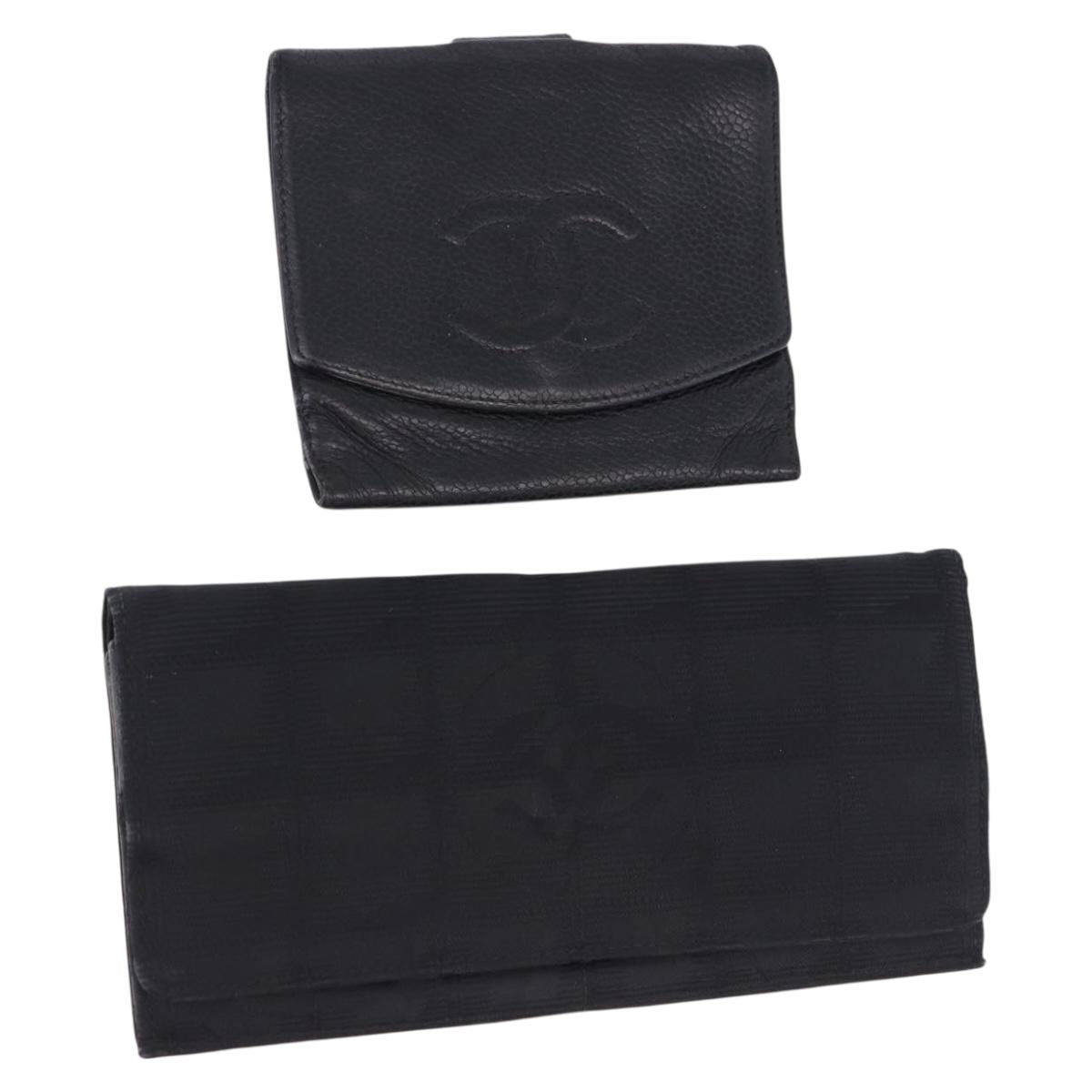 CHANEL New Travel Line Wallet Caviar Skin Leather 2 Set Black CC Auth bs36767