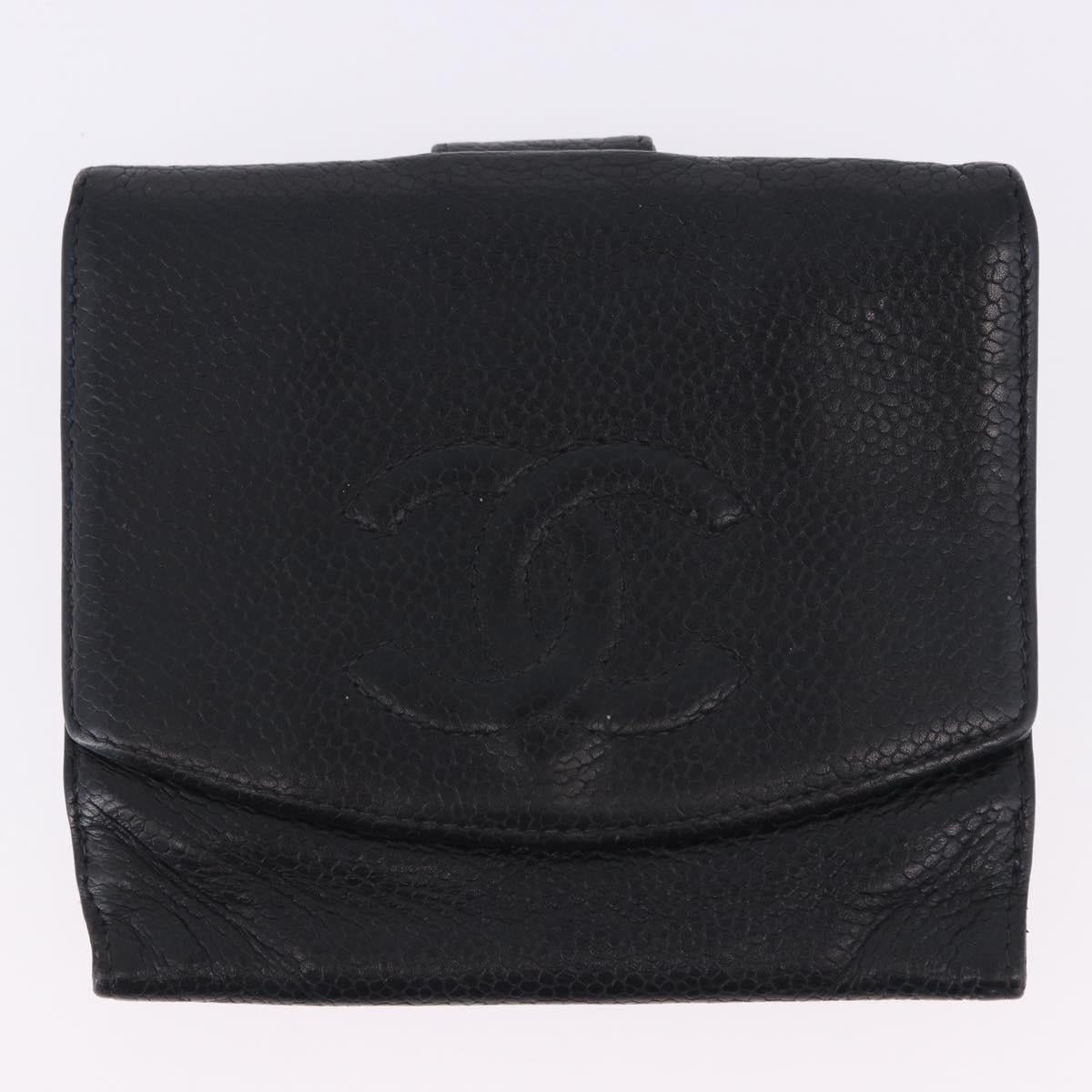 CHANEL New Travel Line Wallet Caviar Skin Leather 2 Set Black CC Auth bs36767