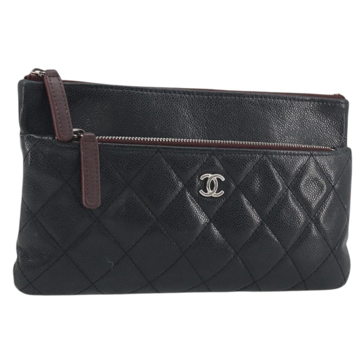 CHANEL Clutch Bag Caviar Skin Navy Silver CC Auth bs36769