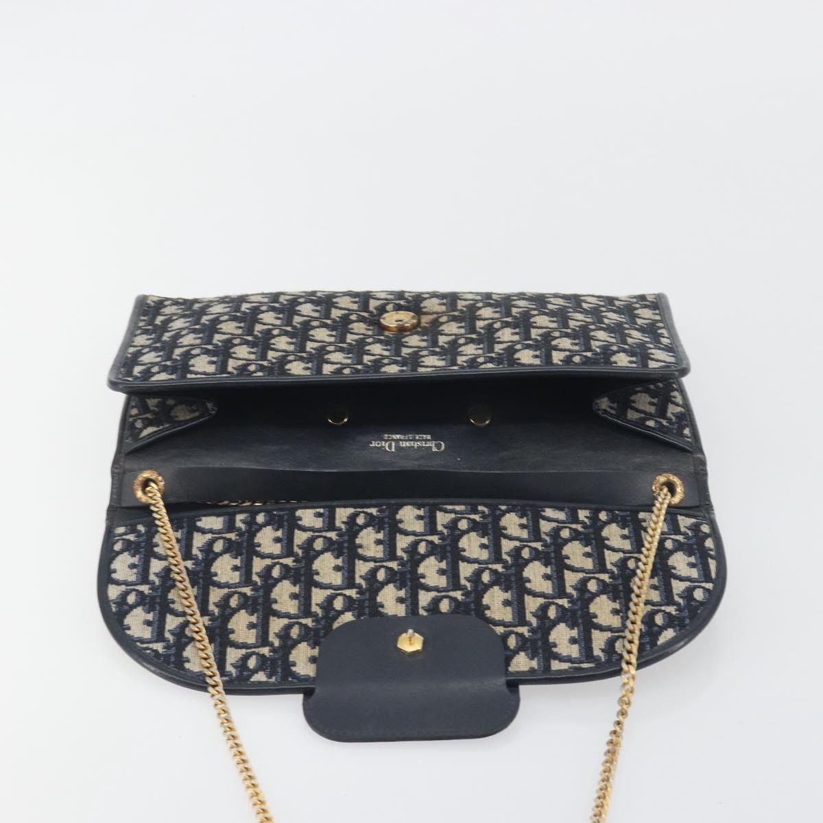 Christian Dior Trotter Canvas Chain Shoulder Bag Navy Gold Auth bs36770