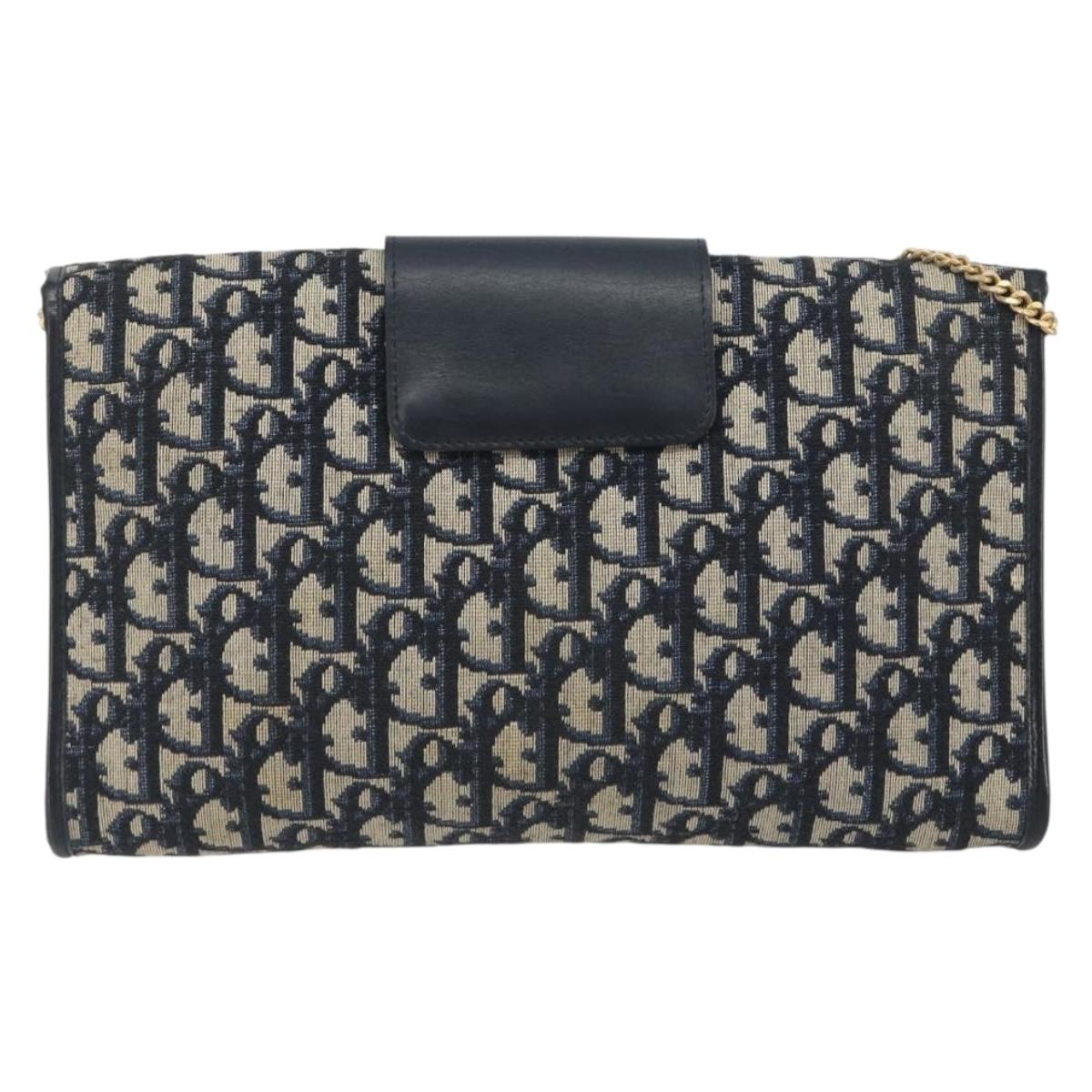 Christian Dior Trotter Canvas Chain Shoulder Bag Navy Gold Auth bs36770