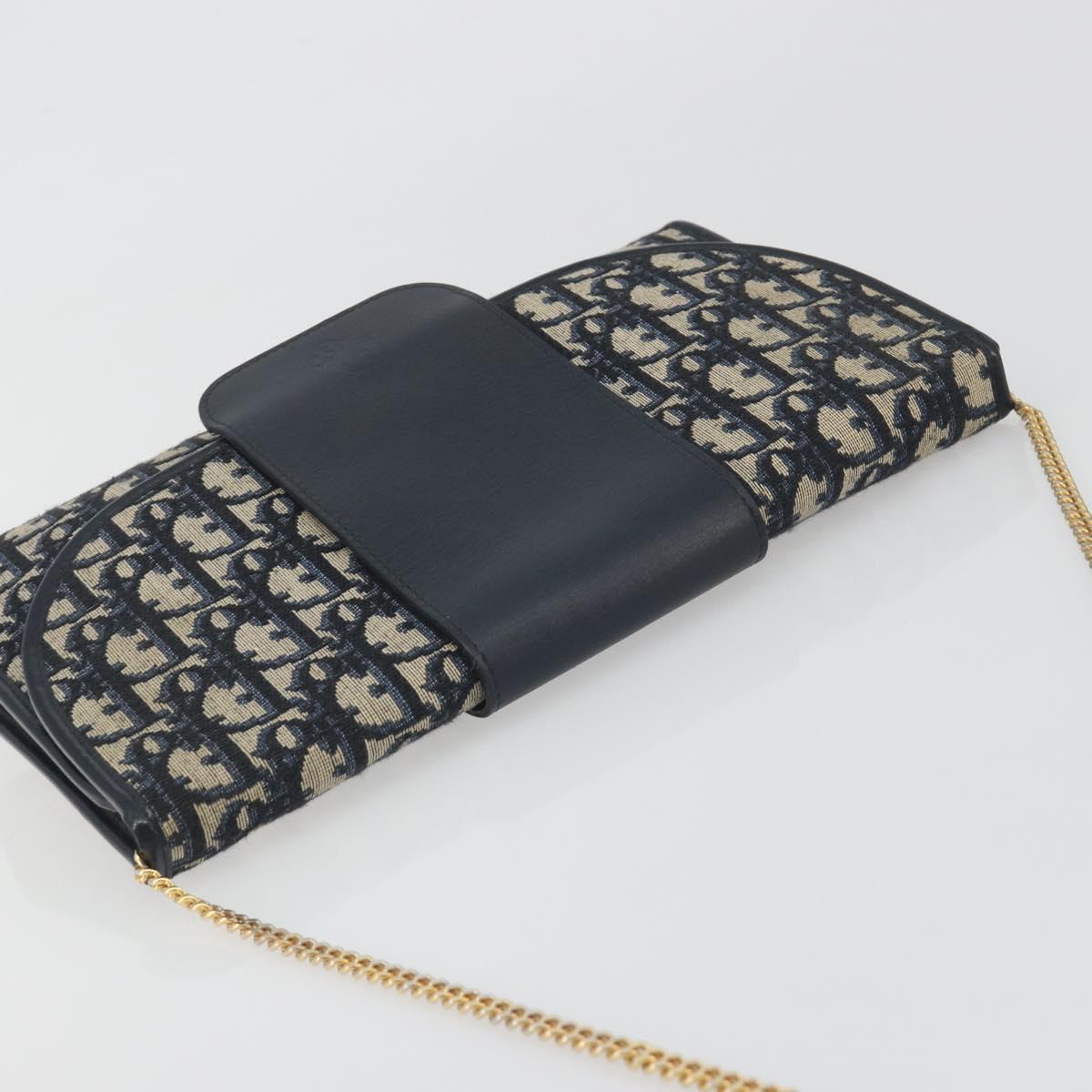 Christian Dior Trotter Canvas Chain Shoulder Bag Navy Gold Auth bs36770