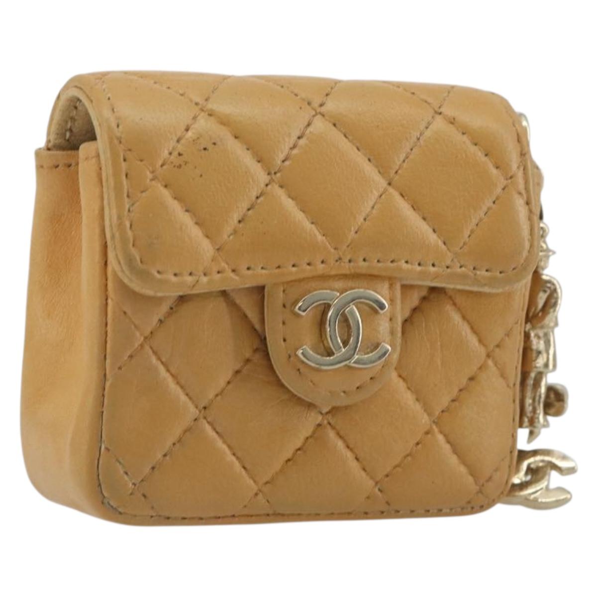 CHANEL Matelasse Charm Lamb Skin Gold Beige CC Auth bs36773