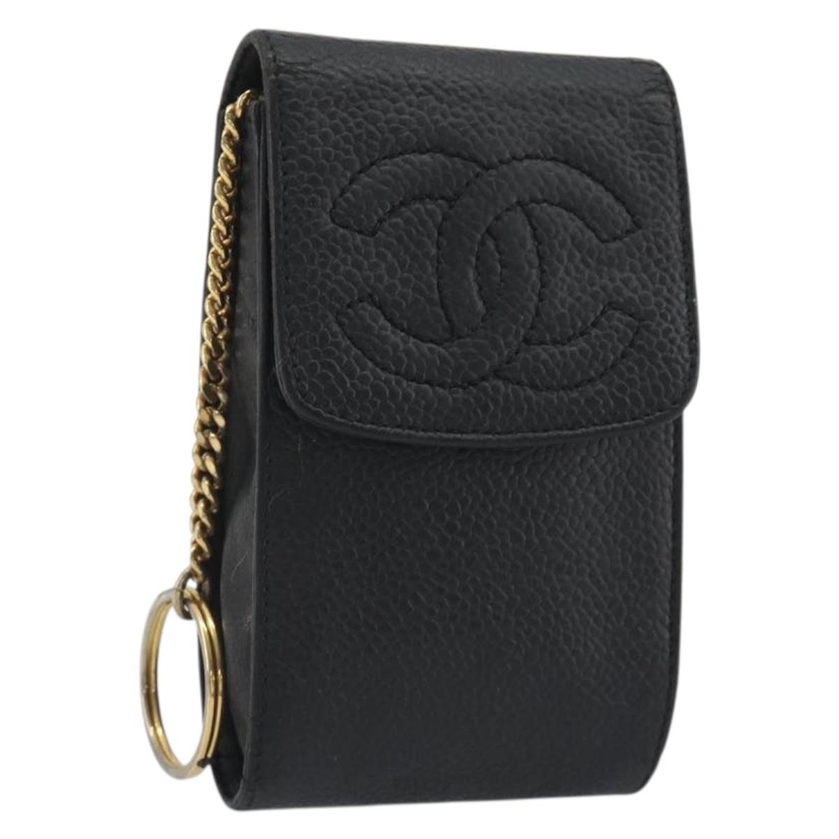 CHANEL COCO Mark Cigarette Case Caviar Skin Black Gold CC Auth bs36774