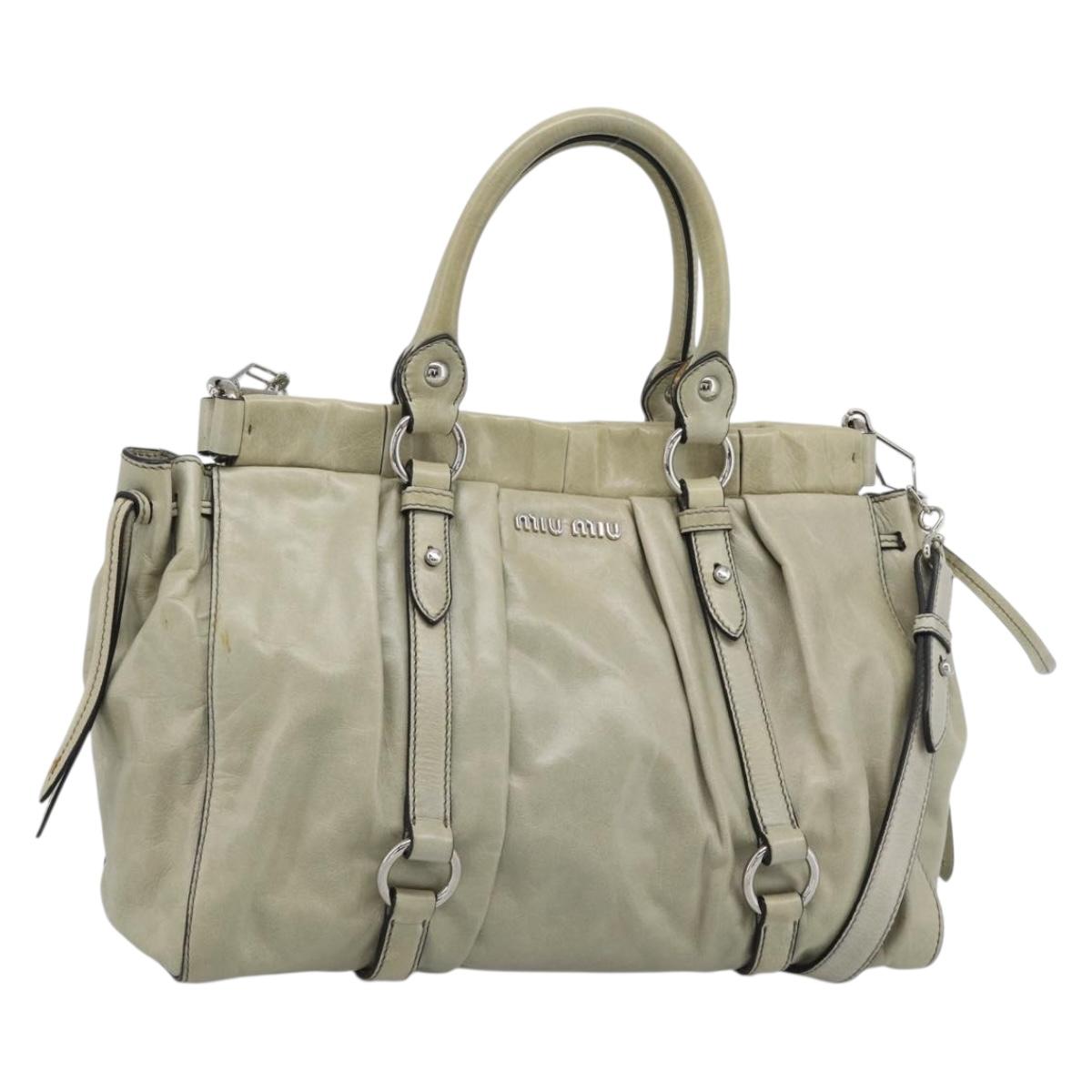 Miu Miu Hand Bag Leather 2way Beige Silver Auth bs36777V