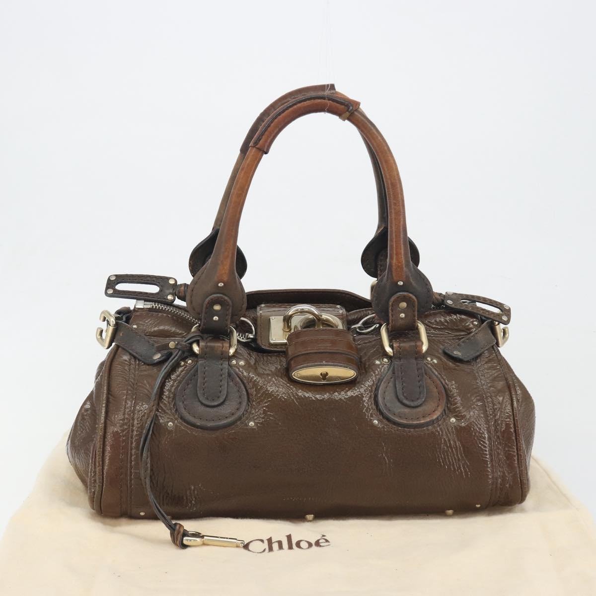 Chloe Paddington Hand Bag Patent Leather Khaki Silver gold Auth bs36778