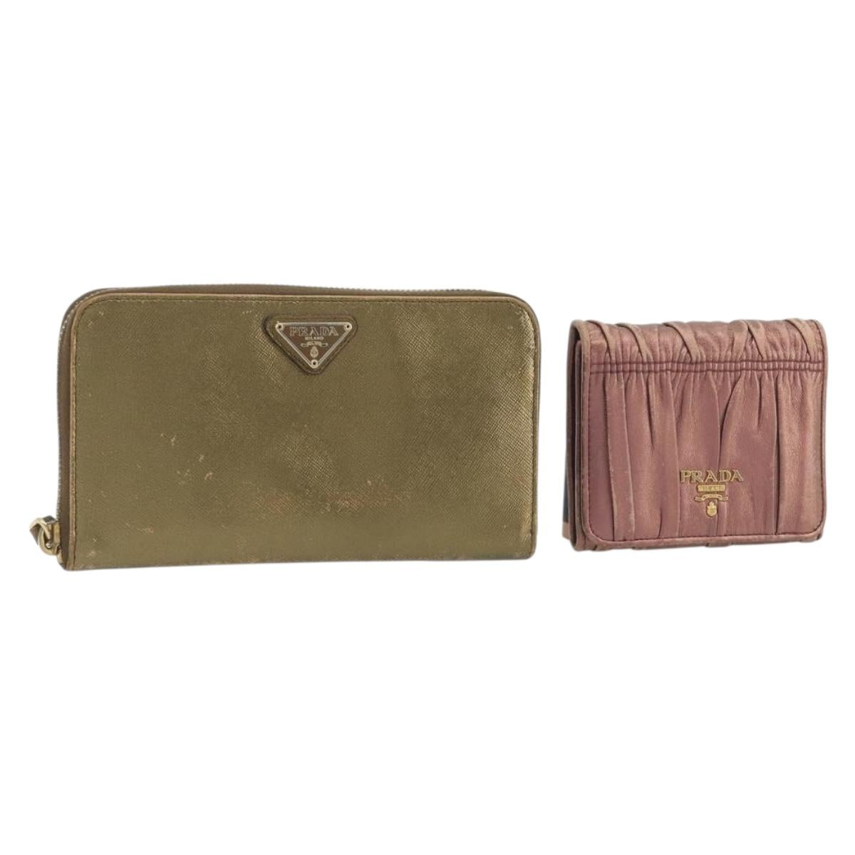 PRADA Wallet Leather 2 Set Gold Pink Auth bs36787