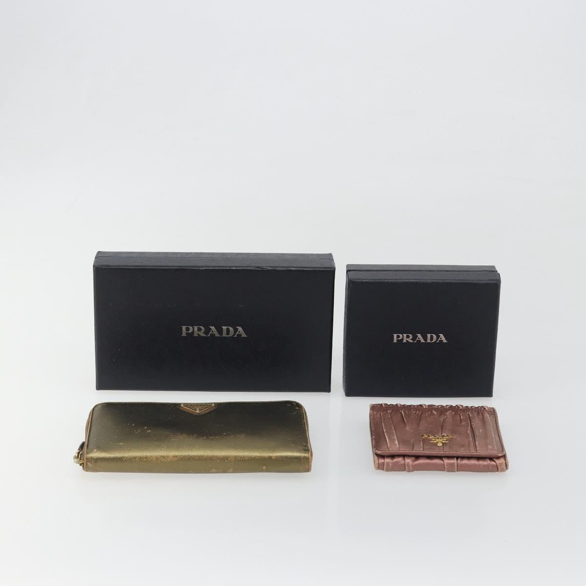 PRADA Wallet Leather 2 Set Gold Pink Auth bs36787