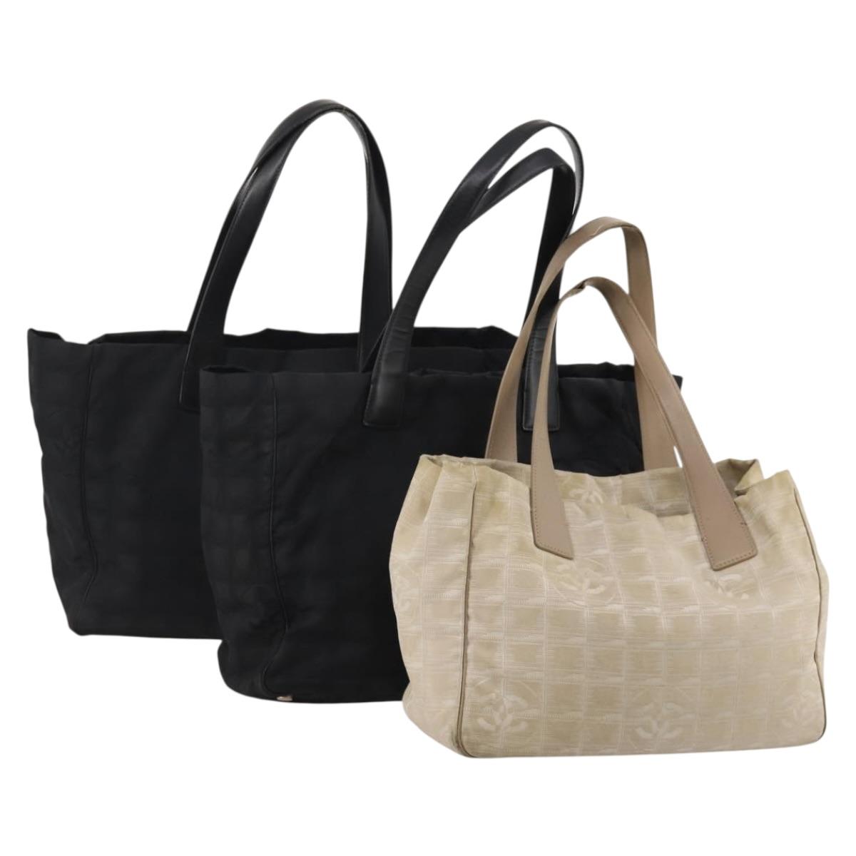 CHANEL New Travel Line Tote Bag Canvas 3 Set Black White CC Auth bs36791