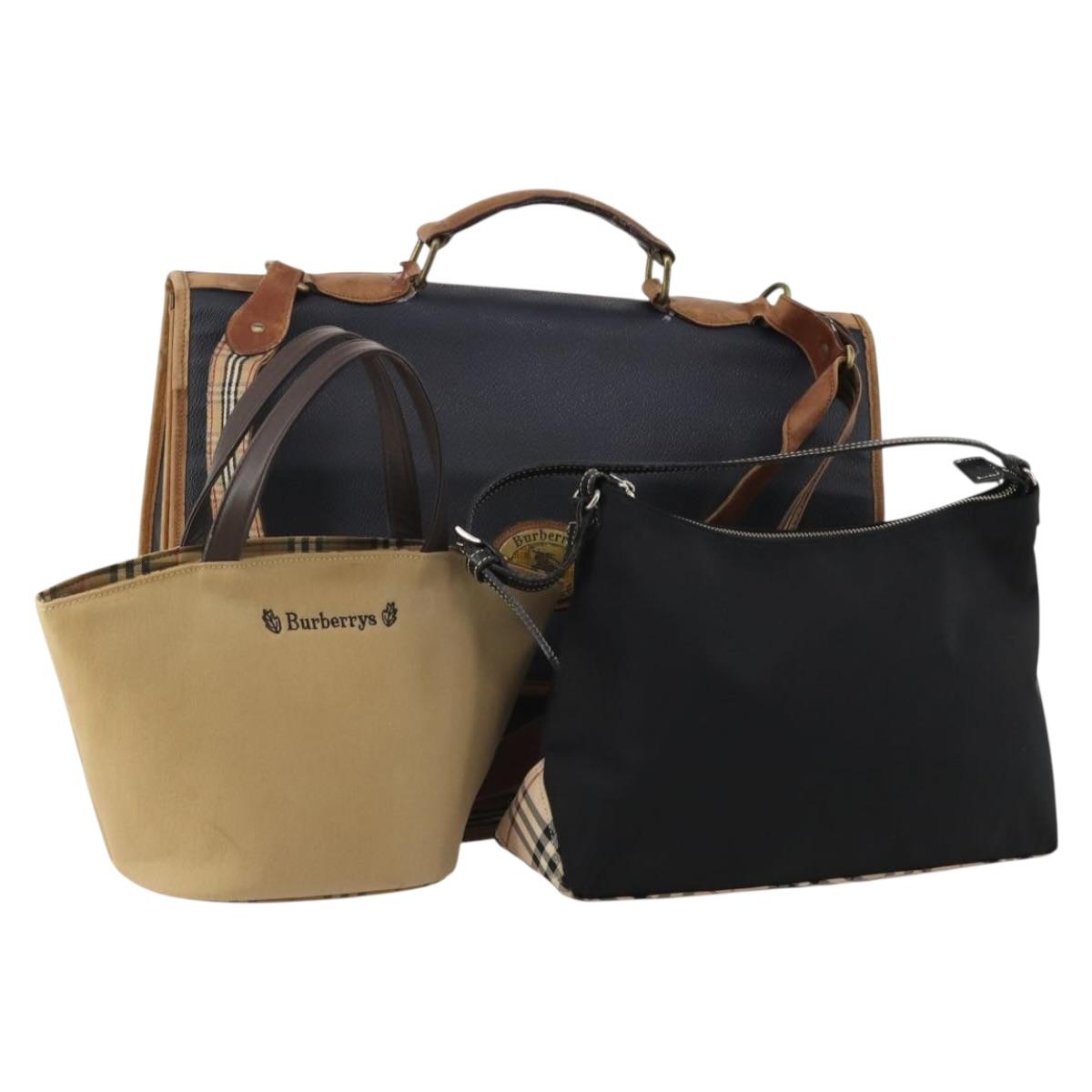 Burberrys Nova Check Blue Label Bag Canvas Leather 2way 3 Set Black Auth bs36794