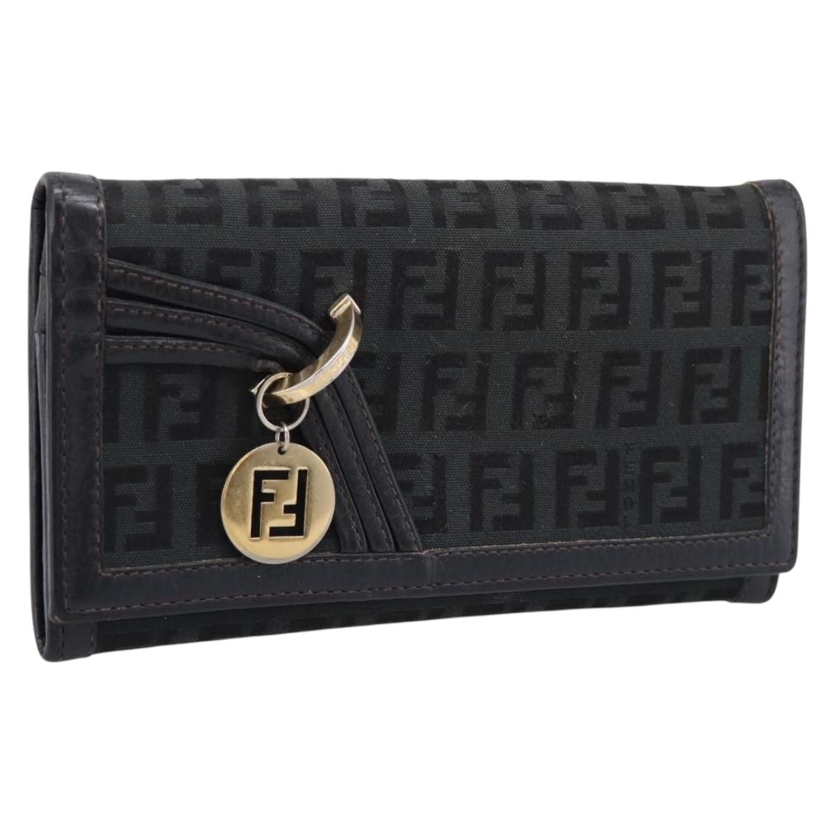 FENDI Zucchino Canvas Long Wallet Black Gold Auth bs36814