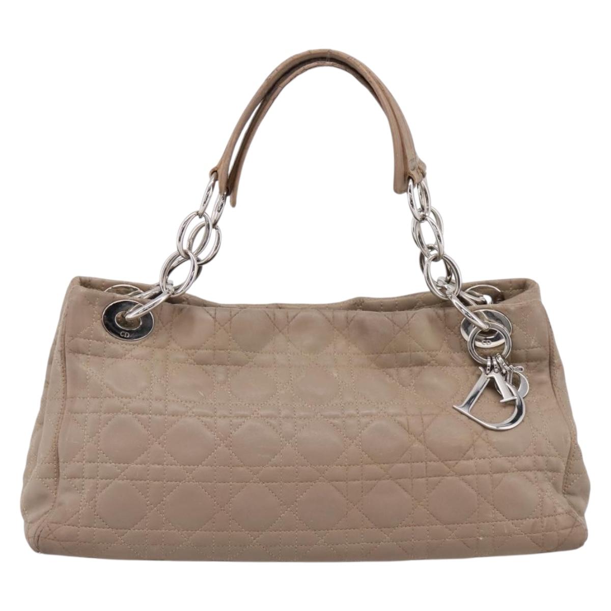 Christian Dior Canage Hand Bag Leather Beige Silver Auth bs36815