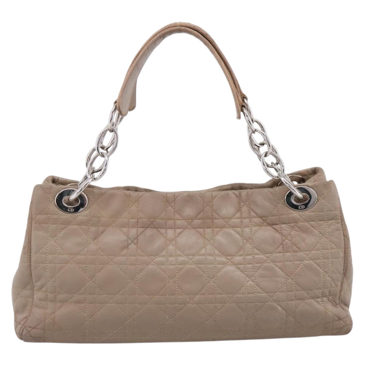 Christian Dior Canage Hand Bag Leather Beige Silver Auth bs36815