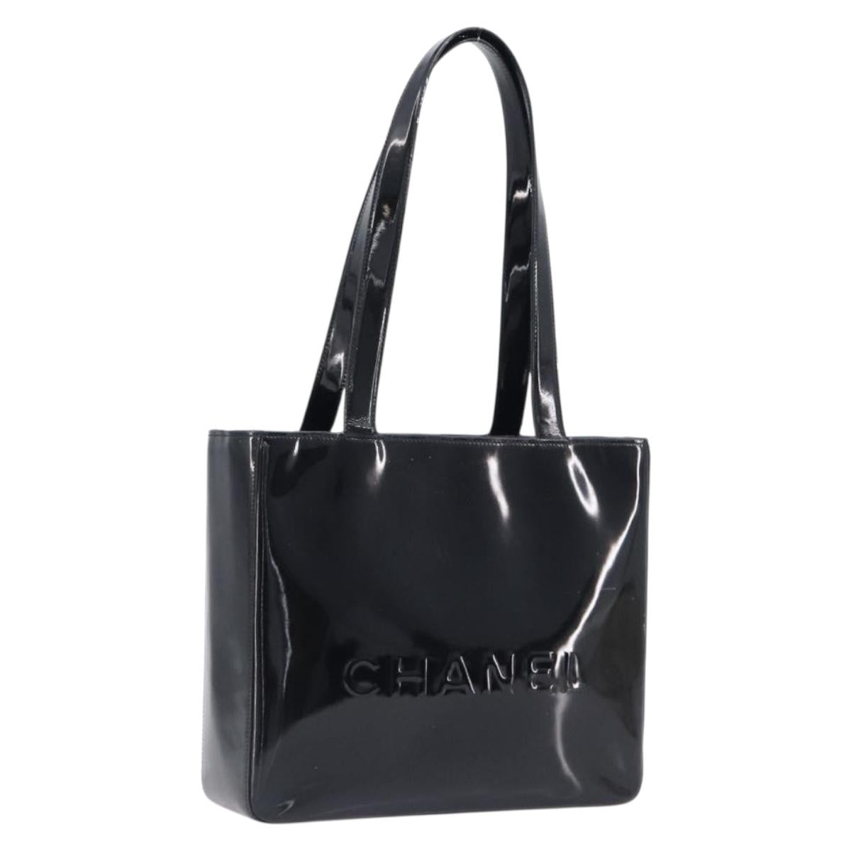 CHANEL Tote Bag Patent Leather Black Gold CC Auth bs36827