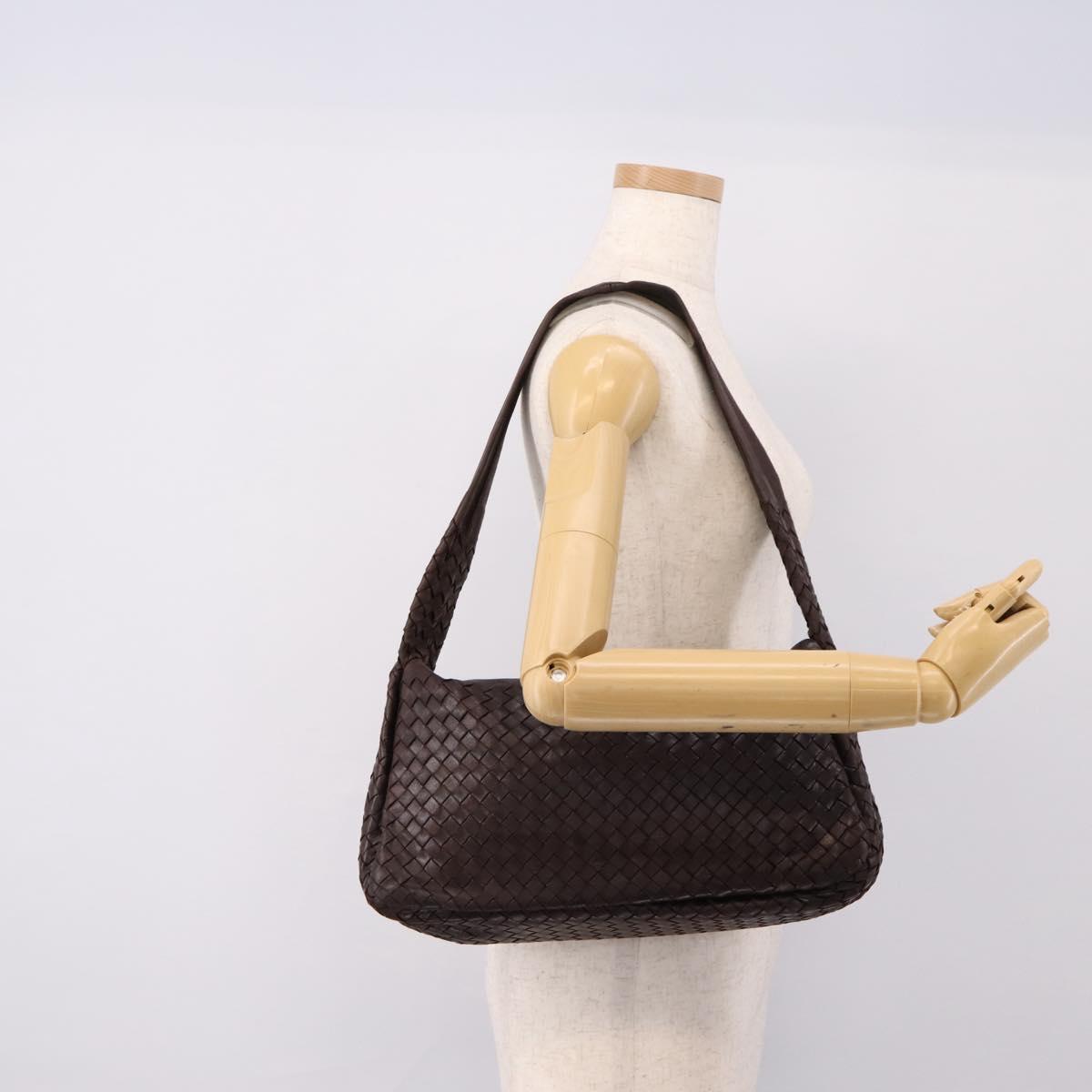 BOTTEGA VENETA INTRECCIATO Shoulder Bag Leather Brown Silver Auth bs36838A