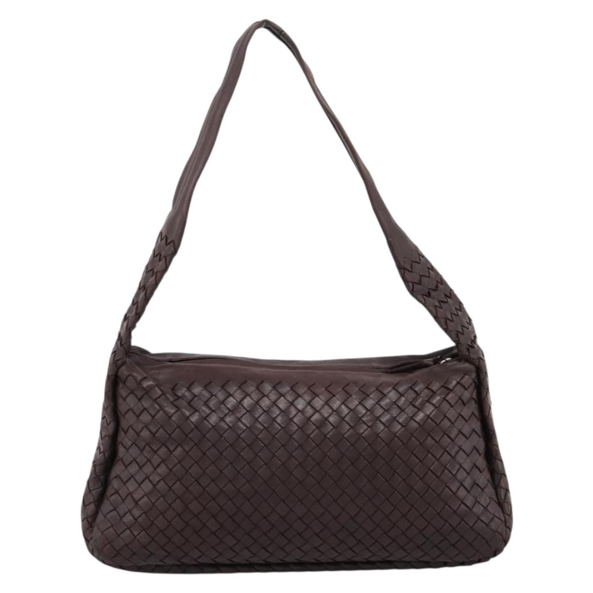 BOTTEGA VENETA INTRECCIATO Shoulder Bag Leather Brown Silver Auth bs36838A