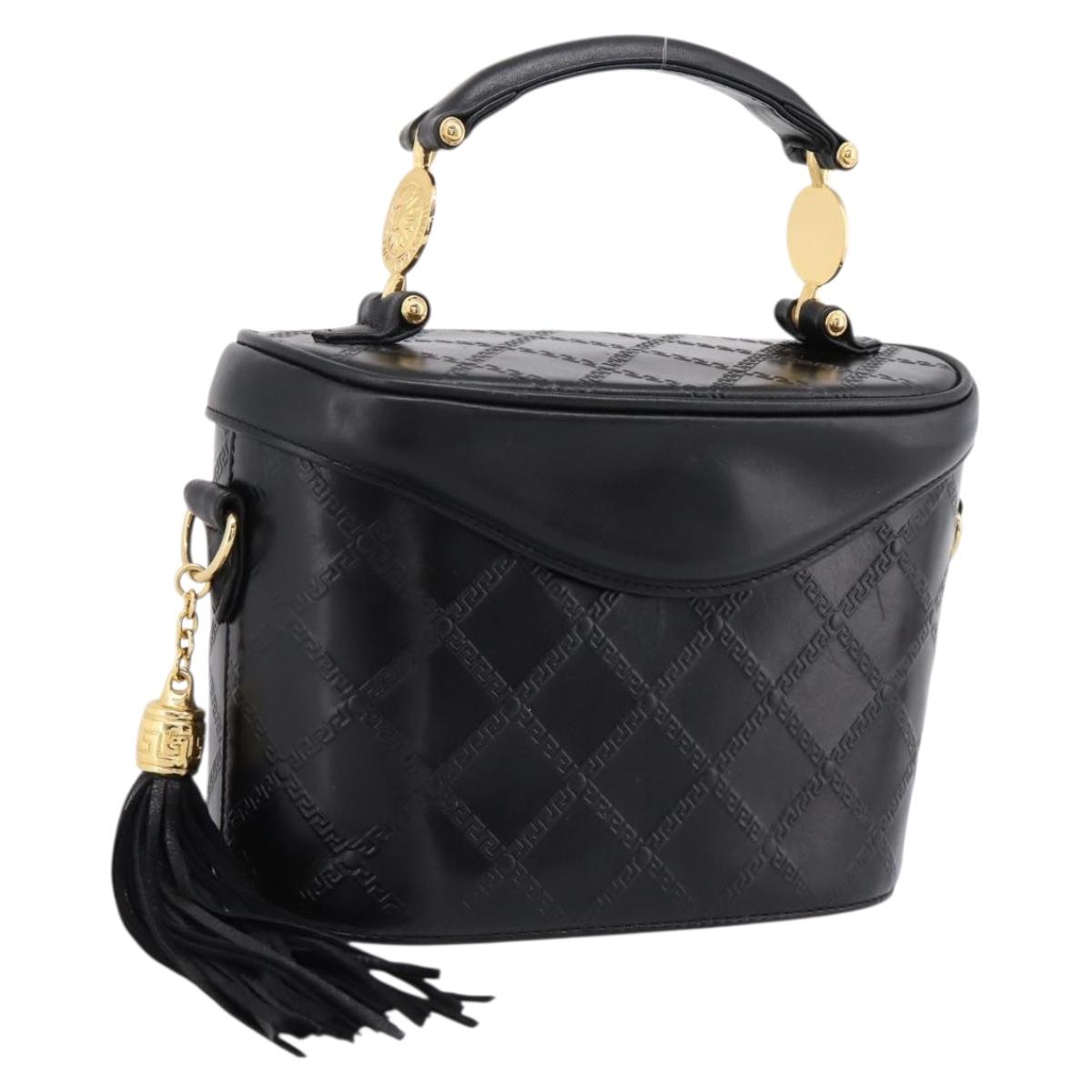 Gianni Versace Vanity Hand Bag Leather Black Gold Auth bs36840