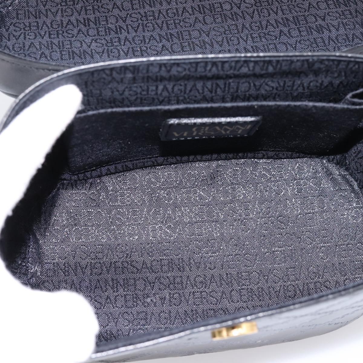 Gianni Versace Vanity Hand Bag Leather Black Gold Auth bs36840