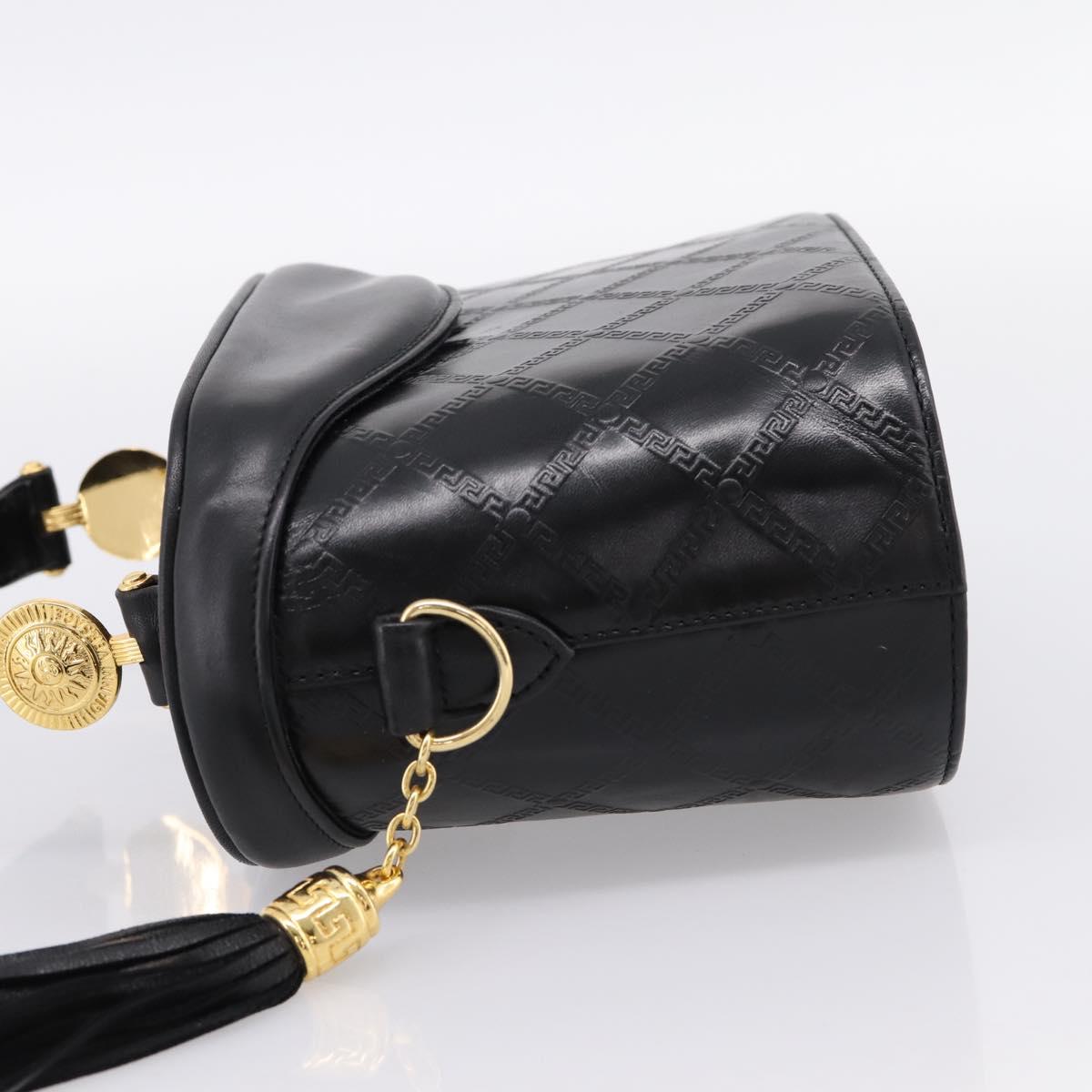 Gianni Versace Vanity Hand Bag Leather Black Gold Auth bs36840