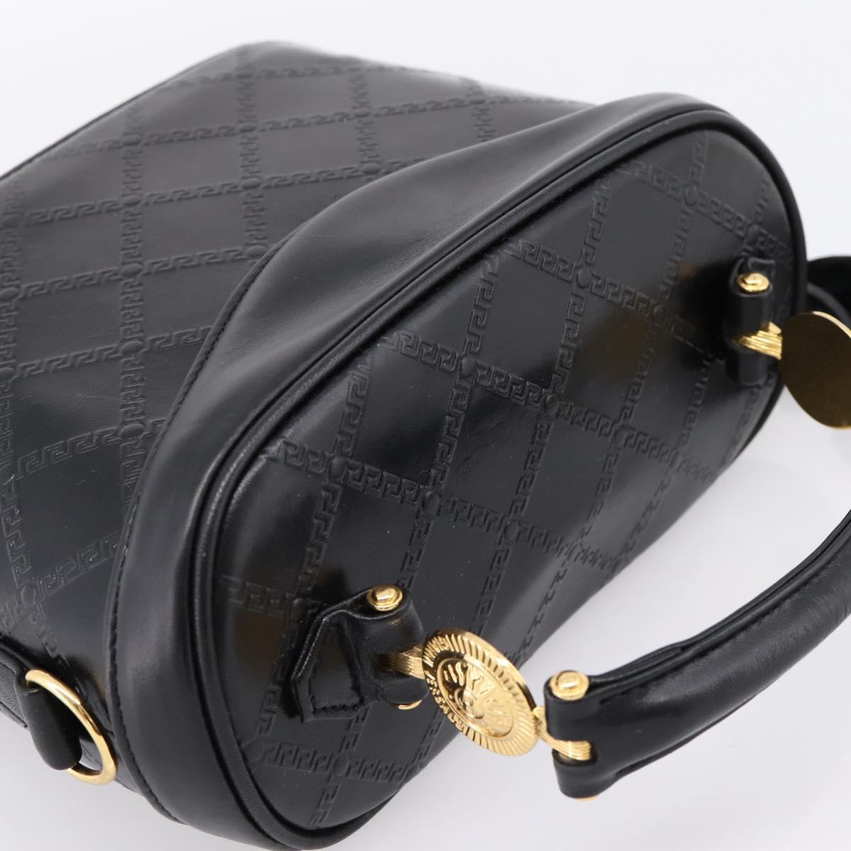 Gianni Versace Vanity Hand Bag Leather Black Gold Auth bs36840